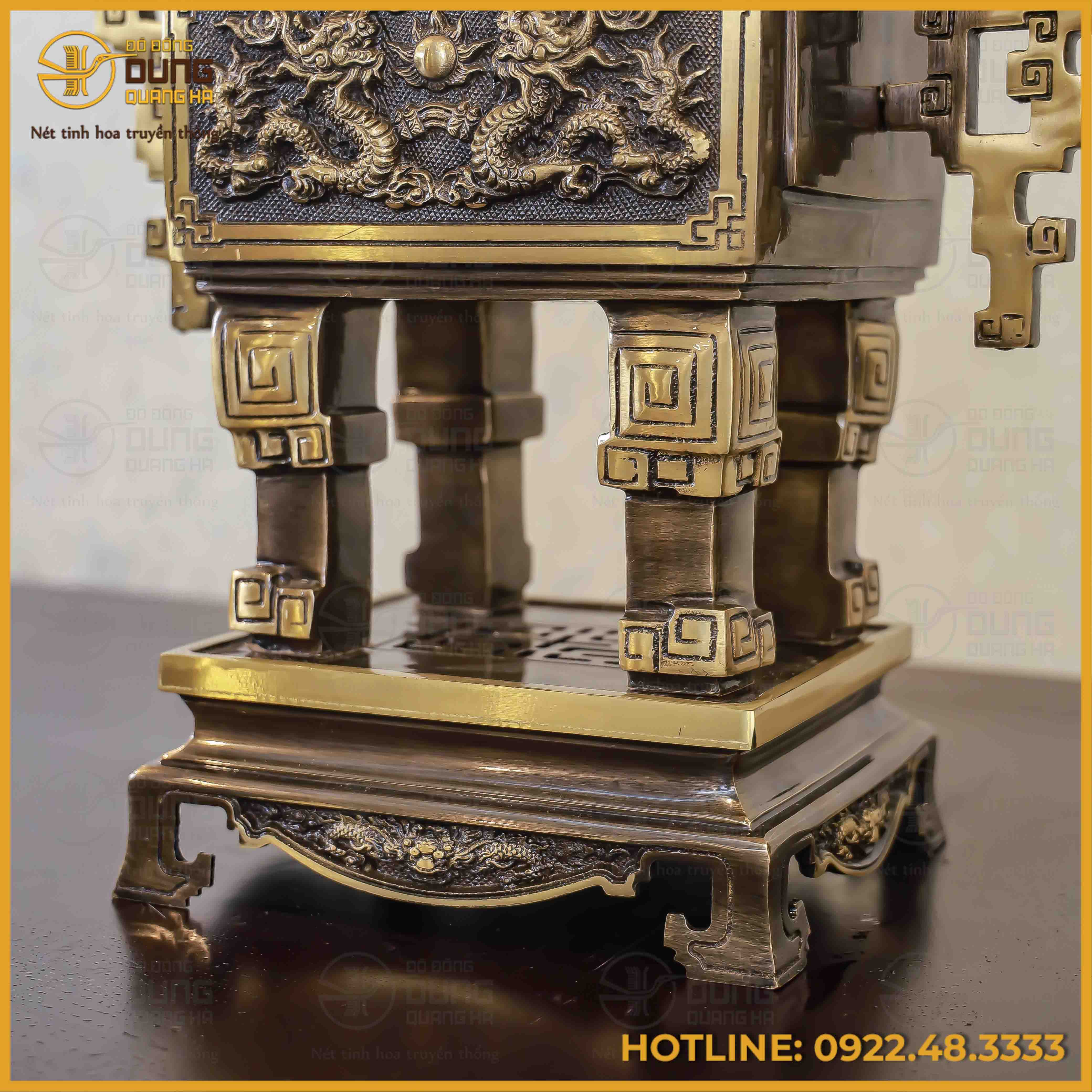 Đỉnh vuông song long chầu nguyệt đồng vàng hai công nghệ cao 65cm