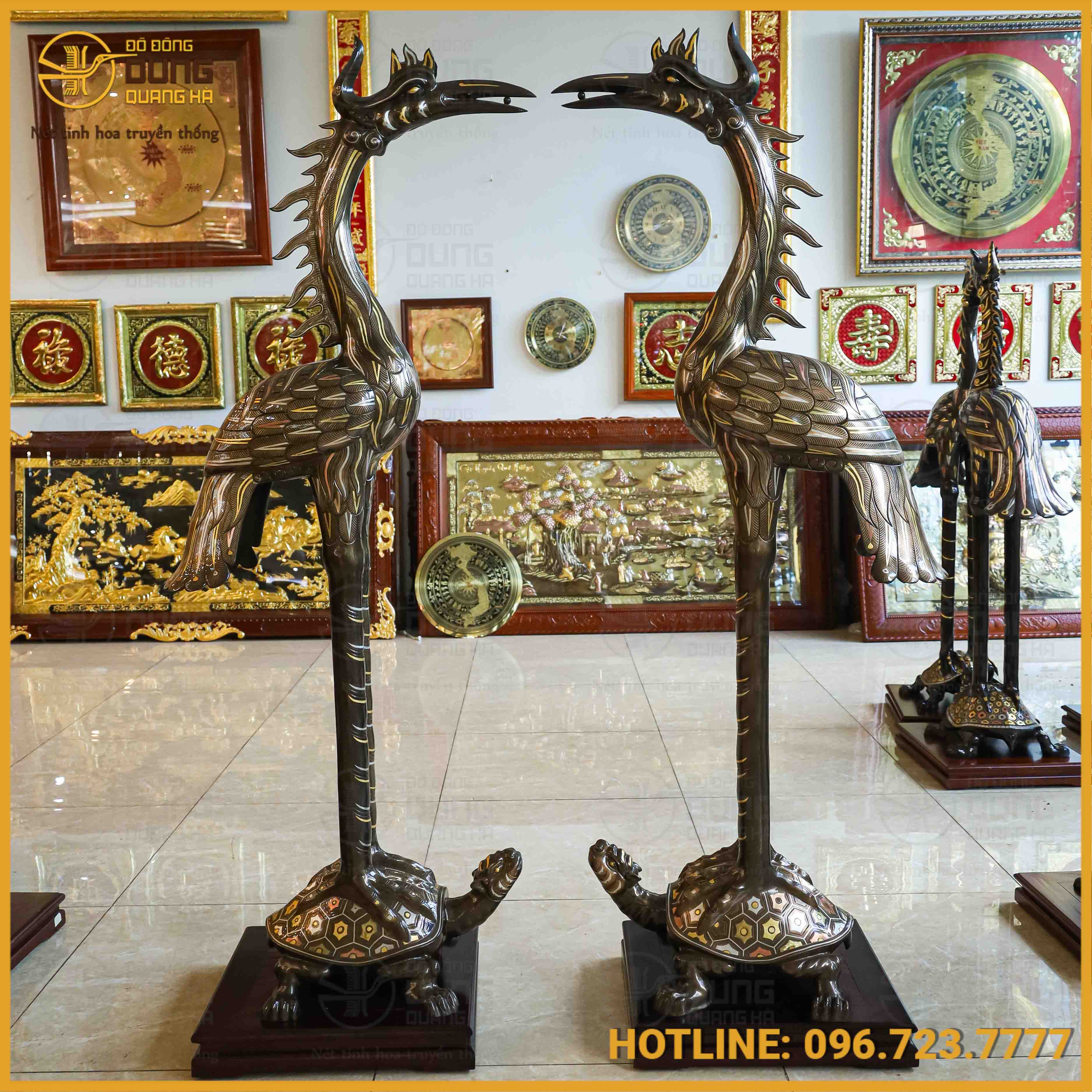 Đôi hạc thờ cỡ lớn đồng đỏ khảm tam khí