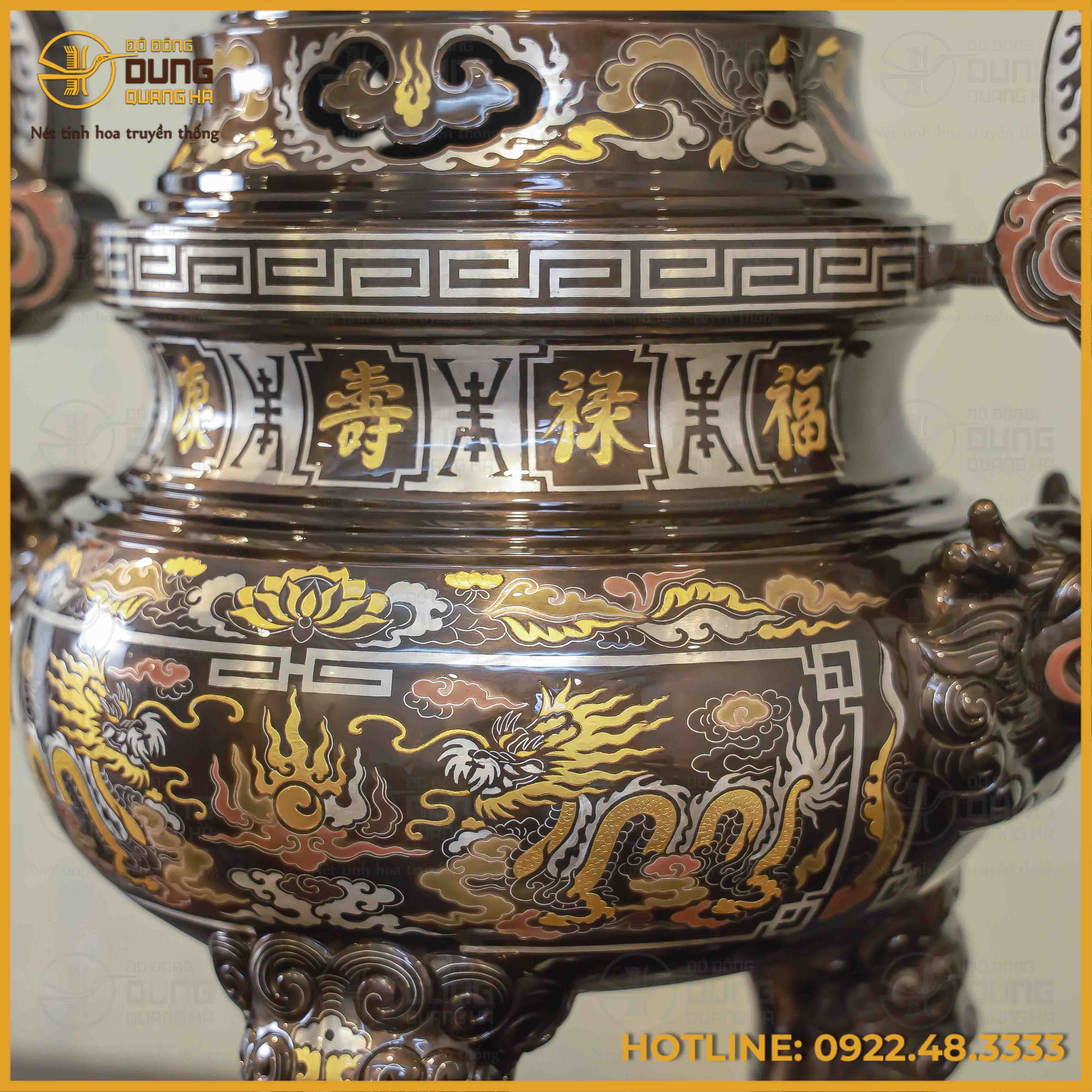 Đỉnh song long chầu nguyệt đồng đỏ khảm ngũ sắc cao 65cm