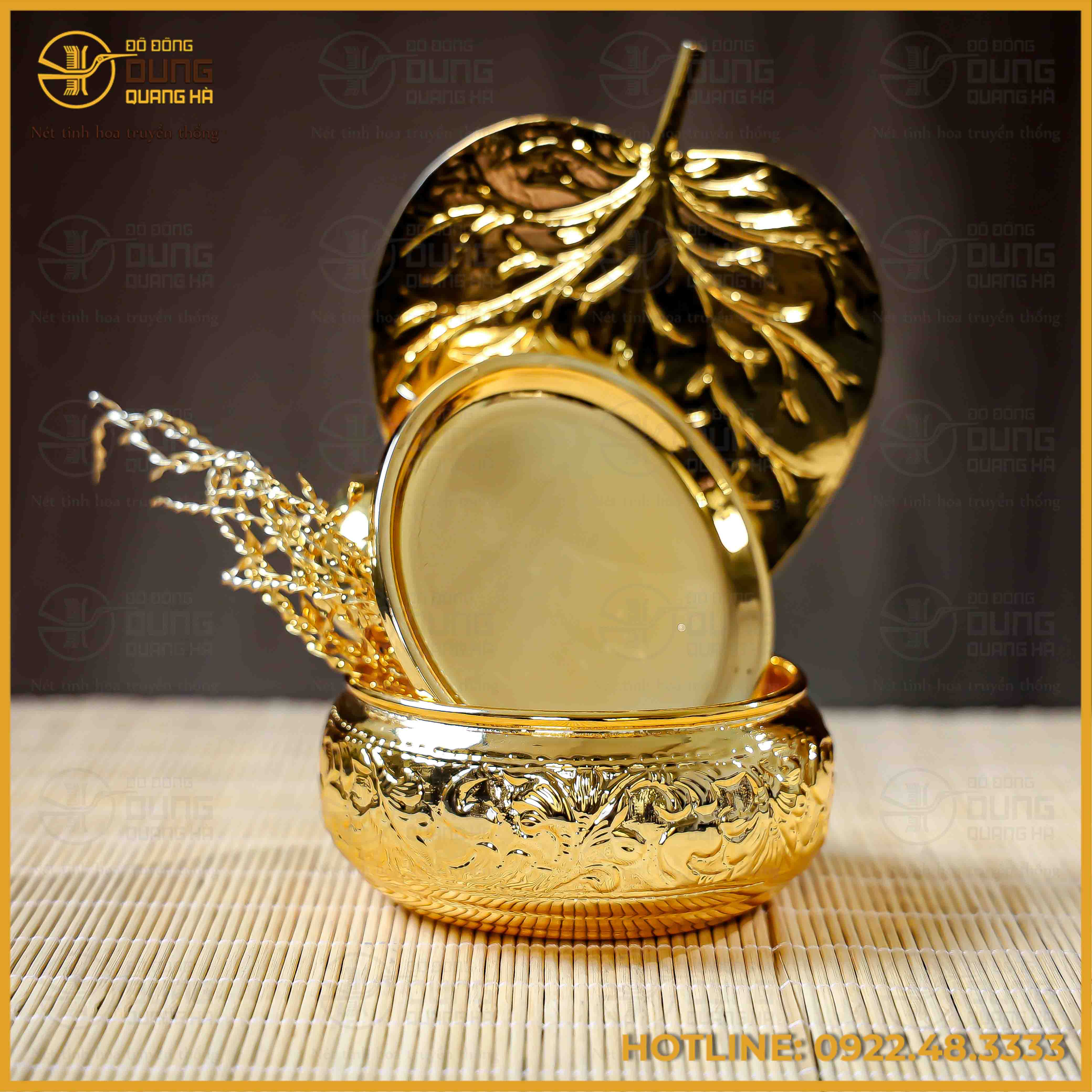 Bộ cơi trầu 5 quả đồng vàng mạ vàng 24K