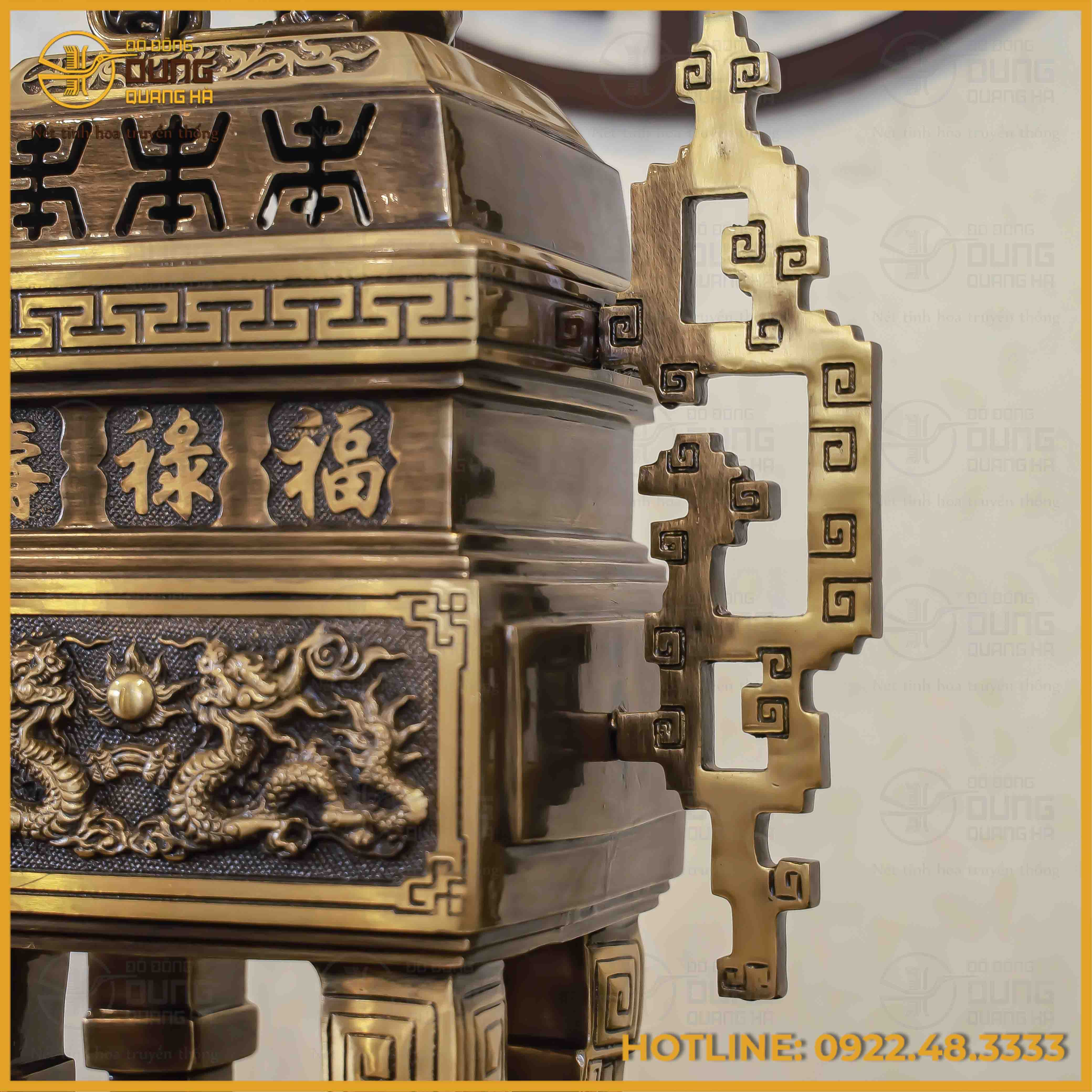 Đỉnh vuông song long chầu nguyệt đồng vàng hai công nghệ cao 65cm