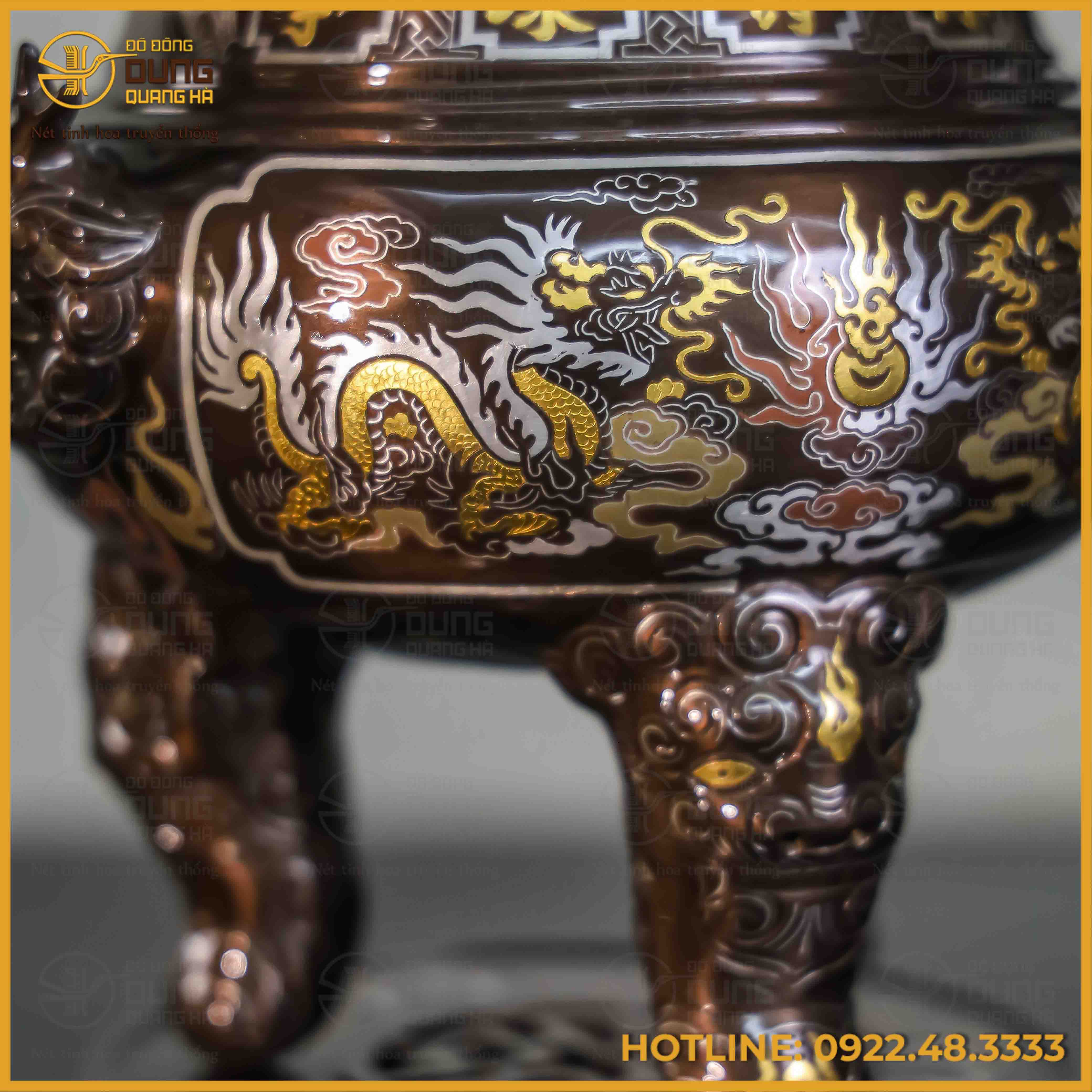 Đỉnh song long chầu nguyệt đồng đỏ khảm ngũ sắc cao 40cm