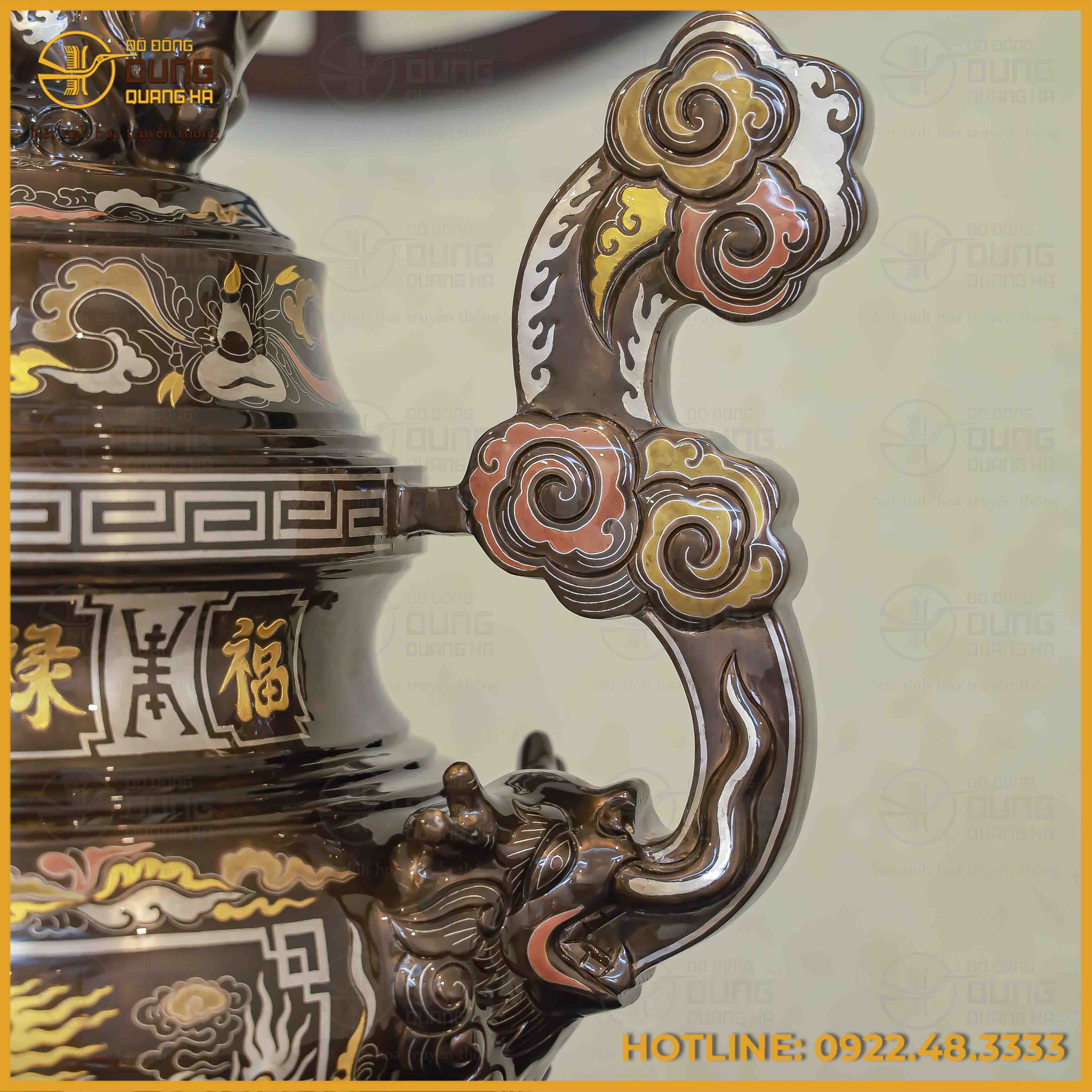 Đỉnh song long chầu nguyệt đồng đỏ khảm ngũ sắc cao 65cm