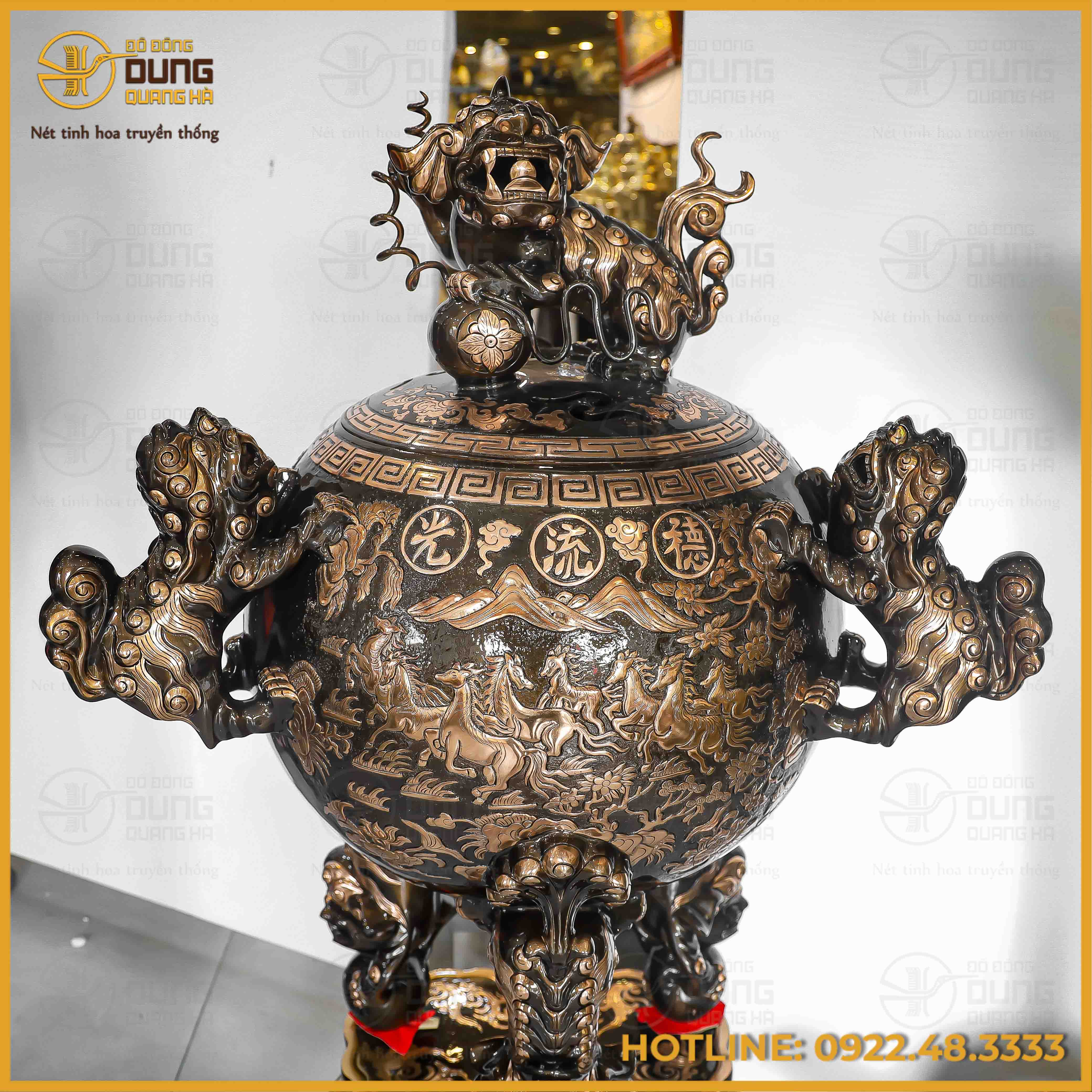 Bộ tam sự hạc cao 1m92 và đỉnh cầu cao 1m34 đồng đỏ cạo màu