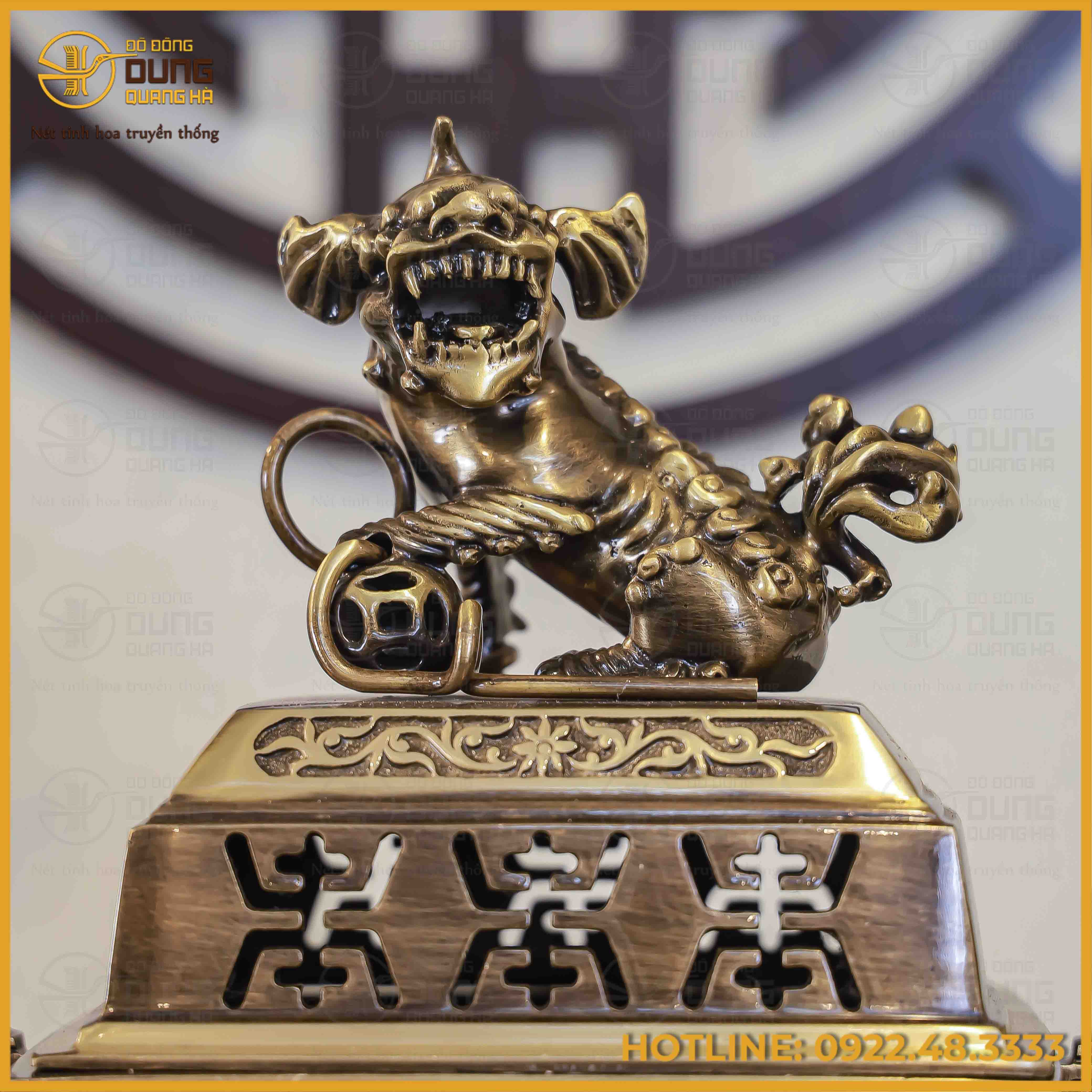 Đỉnh vuông song long chầu nguyệt đồng vàng hai công nghệ cao 65cm