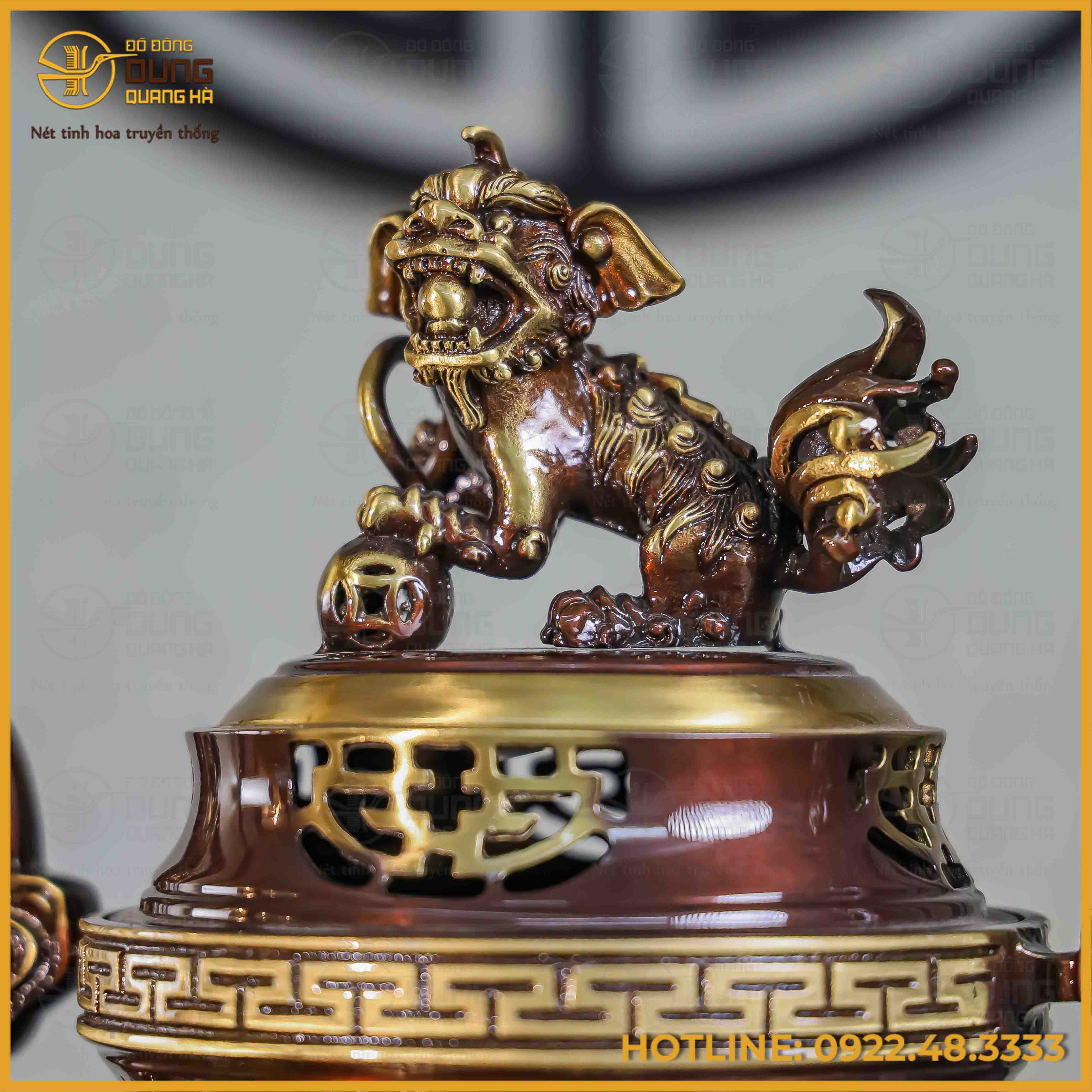 Đỉnh chạm sòi đồng vàng hai lai cao 45cm
