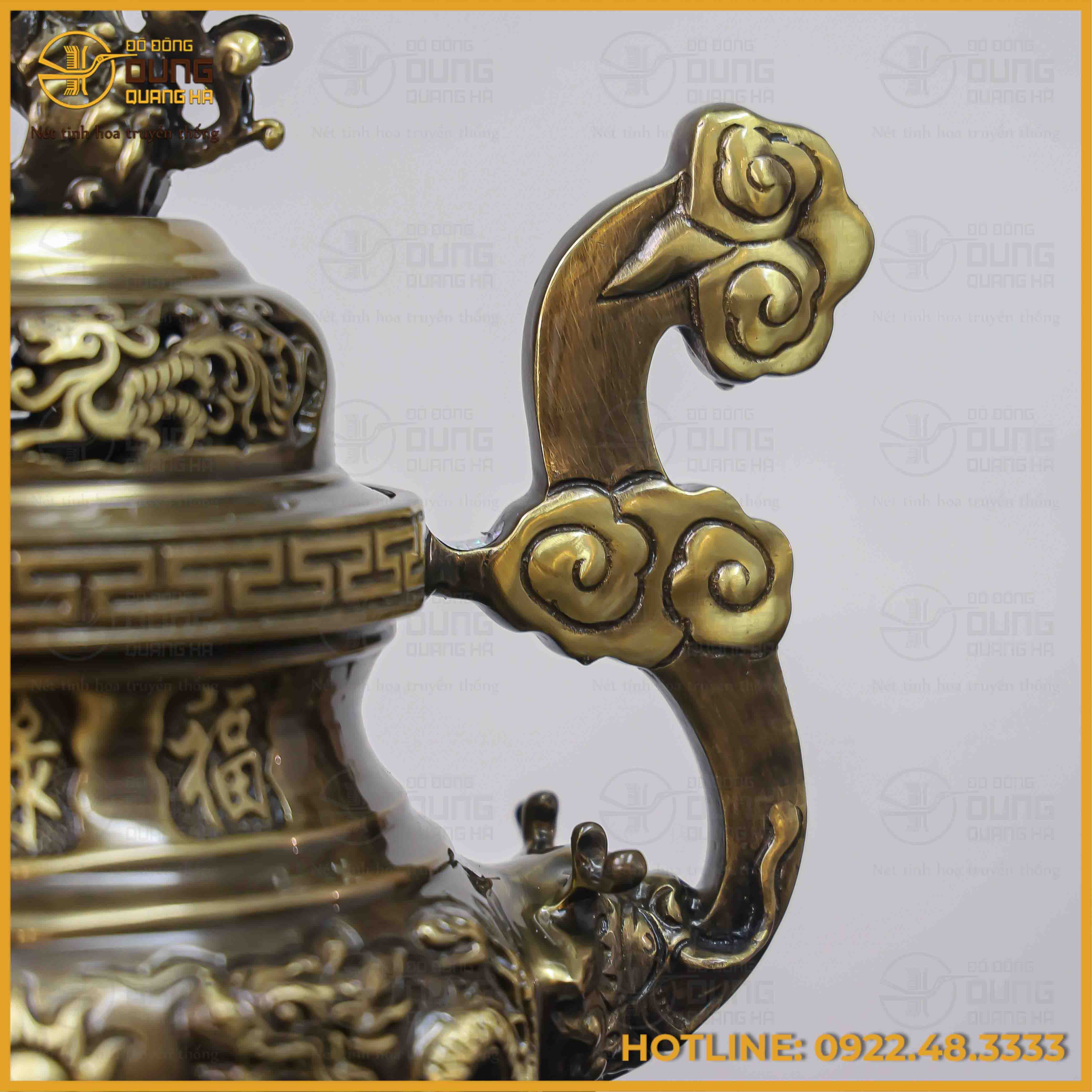 Đỉnh song long chầu nguyệt đồng vàng hai công nghệ cao 45cm