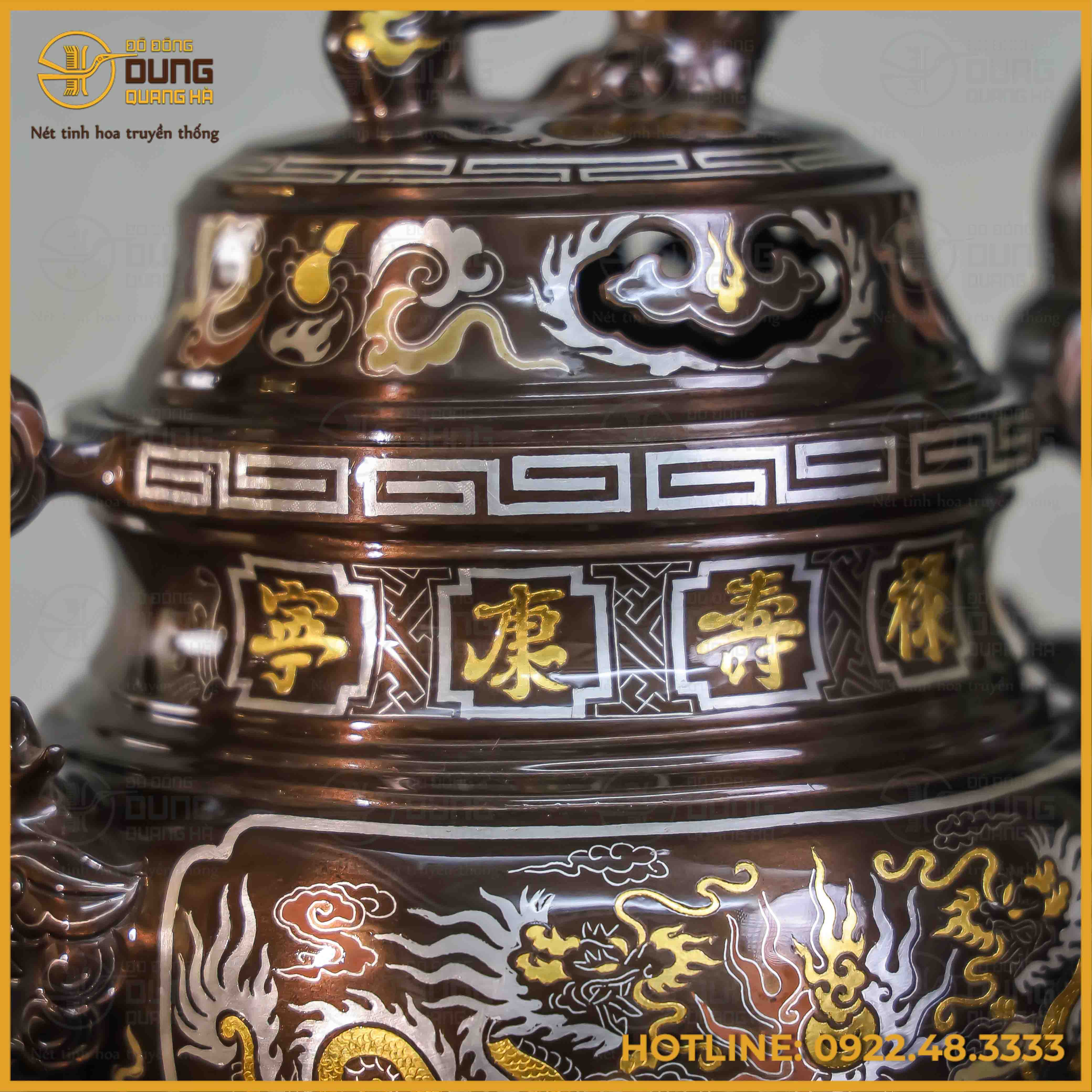 Đỉnh song long chầu nguyệt đồng đỏ khảm ngũ sắc cao 40cm