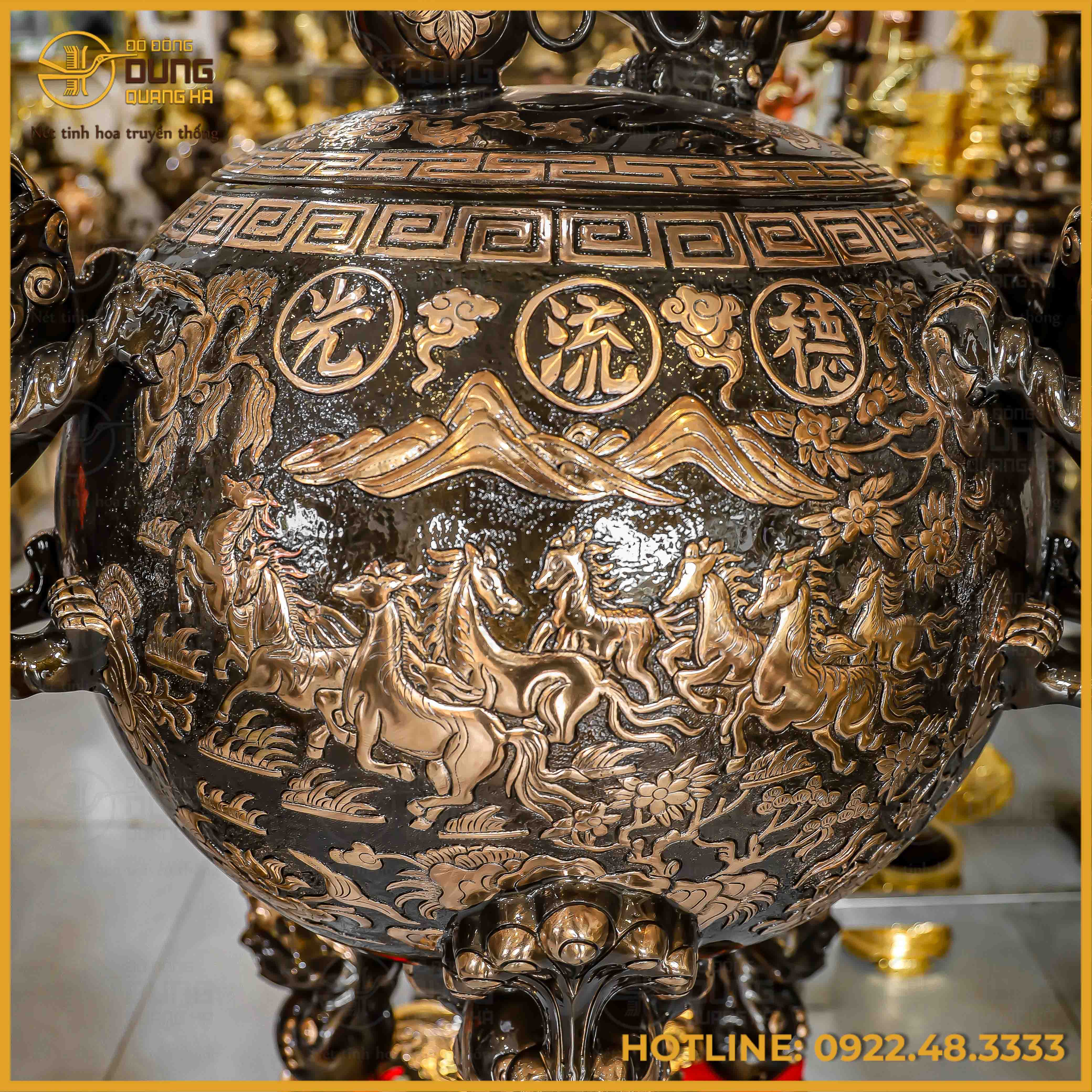 Bộ tam sự hạc cao 1m92 và đỉnh cầu cao 1m34 đồng đỏ cạo màu