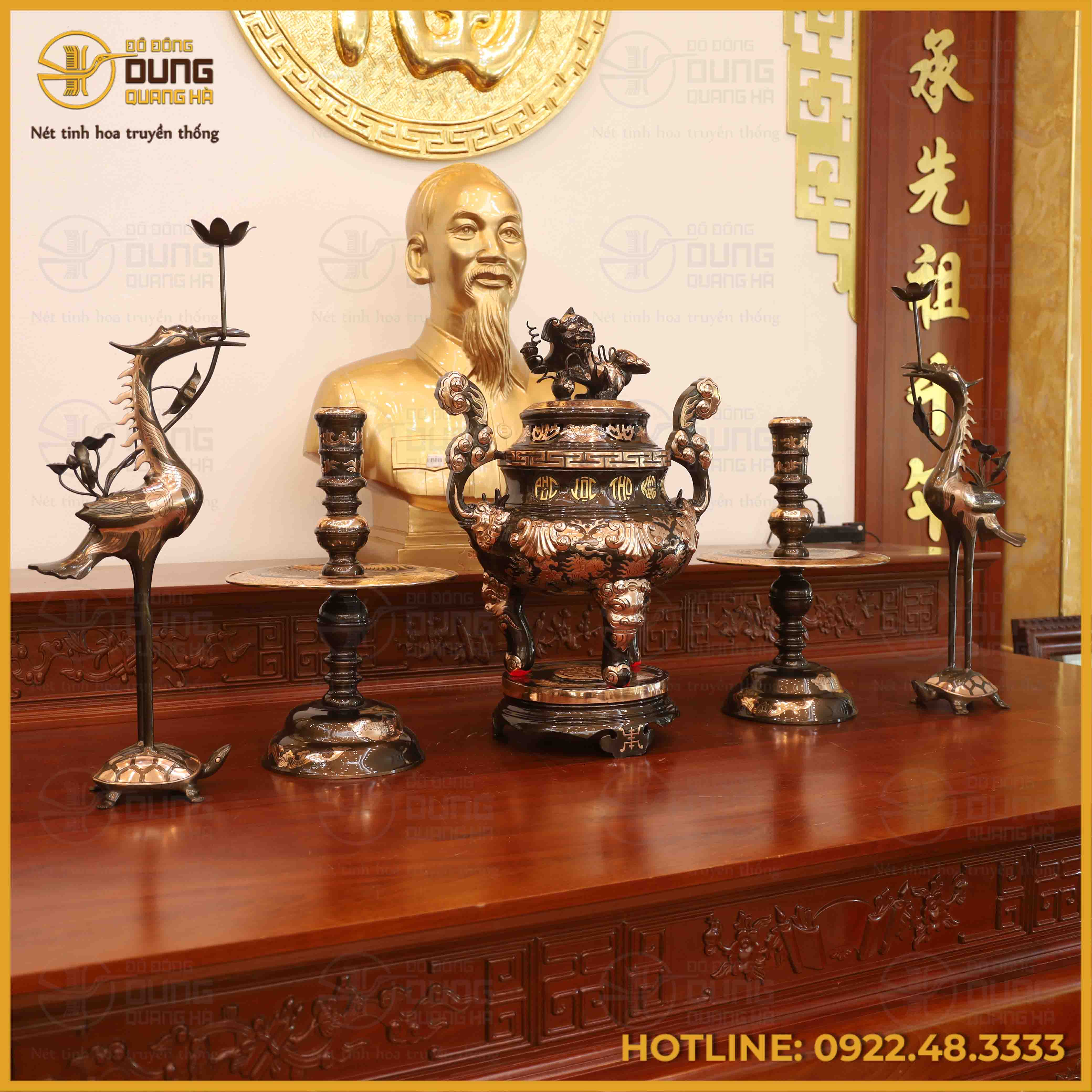 Bộ ngũ sự đồng đỏ cạo màu cao 60cm