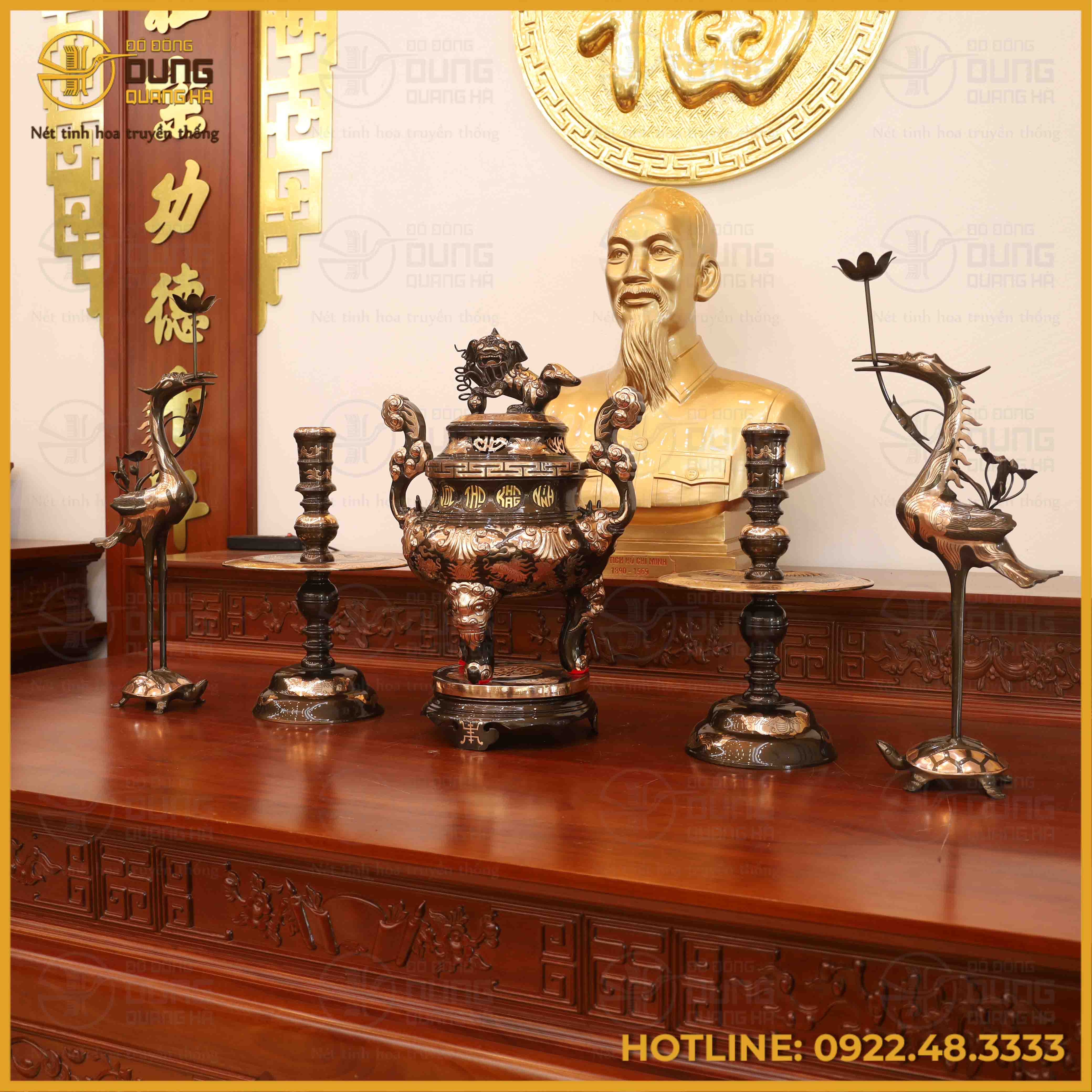 Bộ ngũ sự đồng đỏ cạo màu cao 60cm