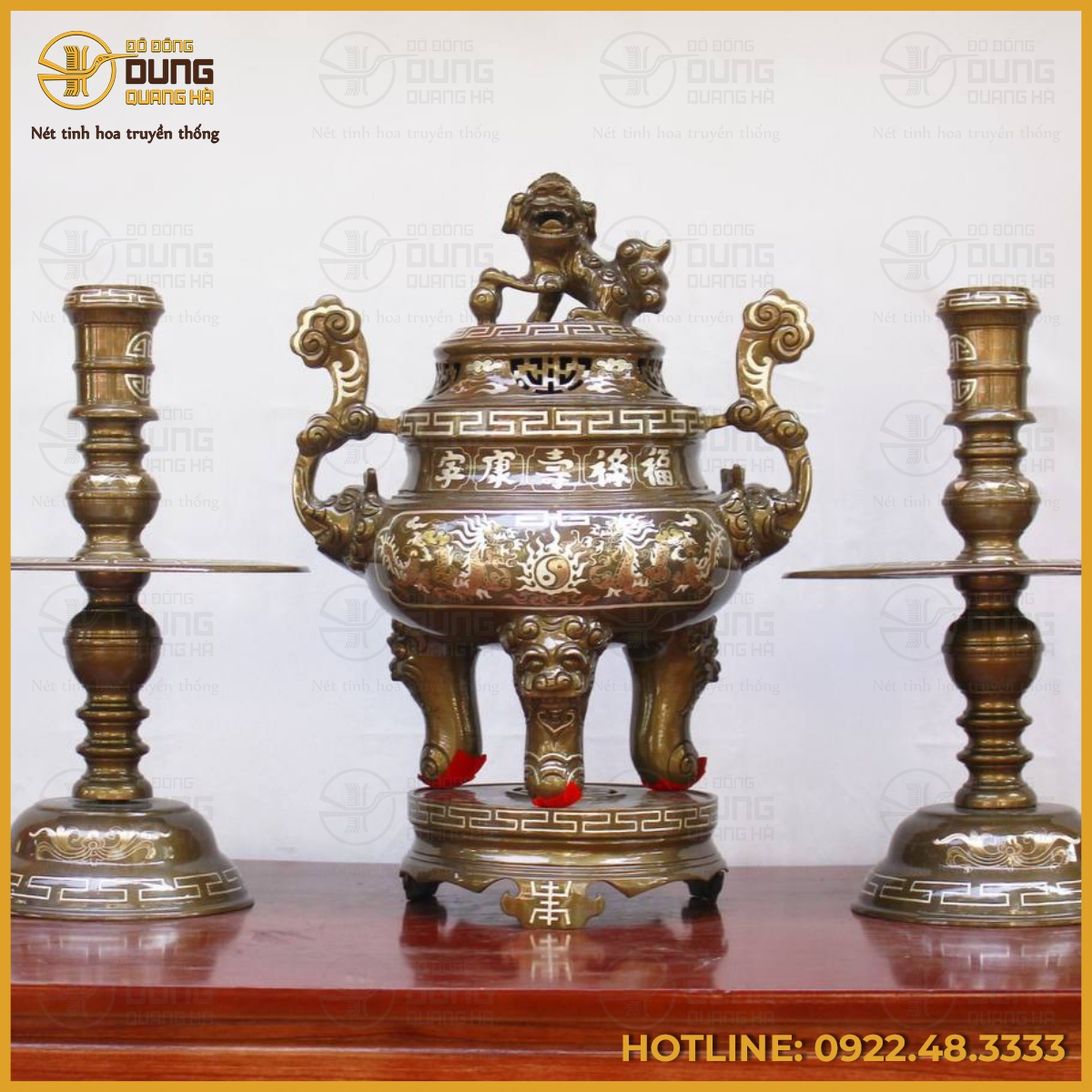 Bộ tam sự nến song long chầu nguyệt đồng đỏ khảm tam khí