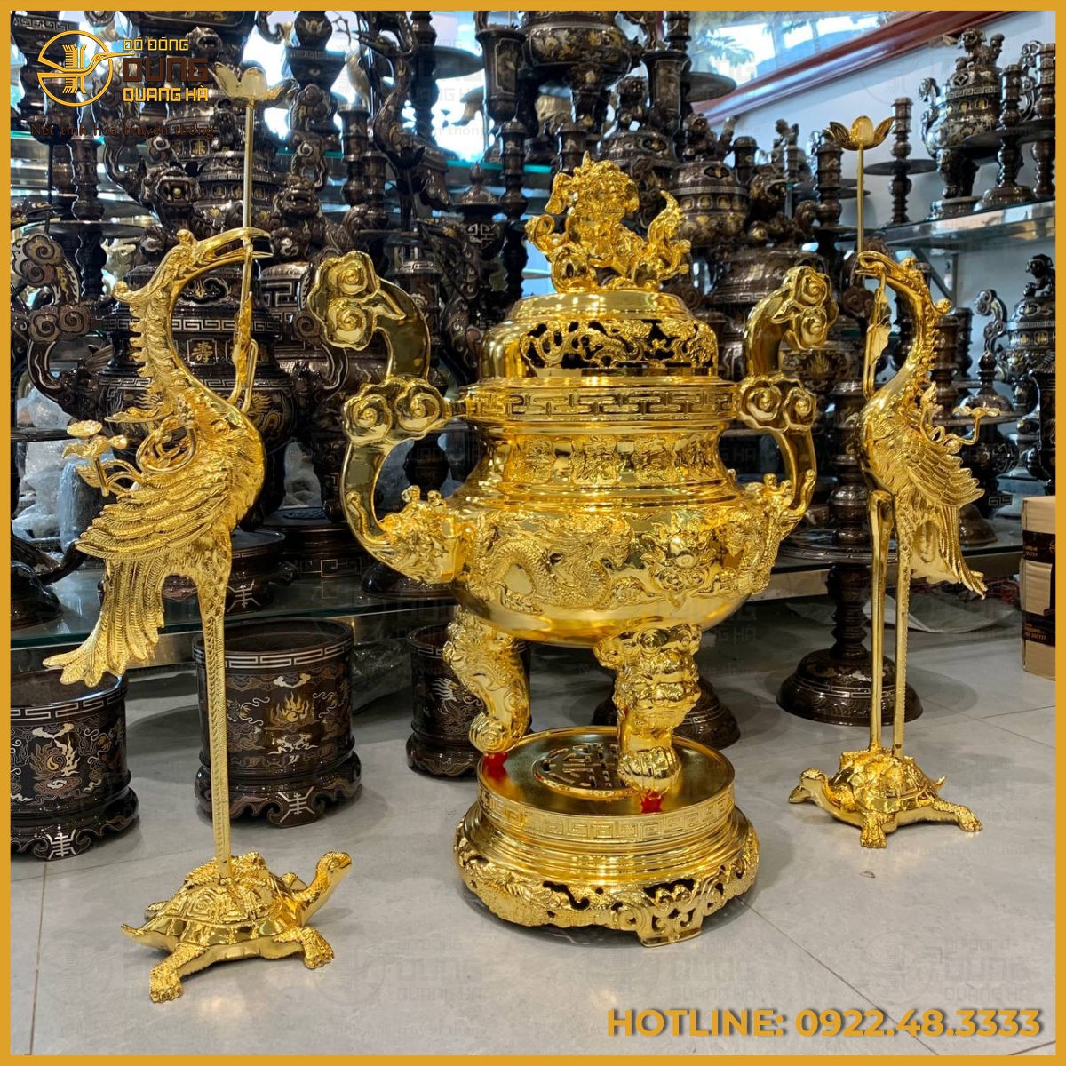 Bộ tam sự hạc song long chầu nguyệt mạ vàng cao cấp
