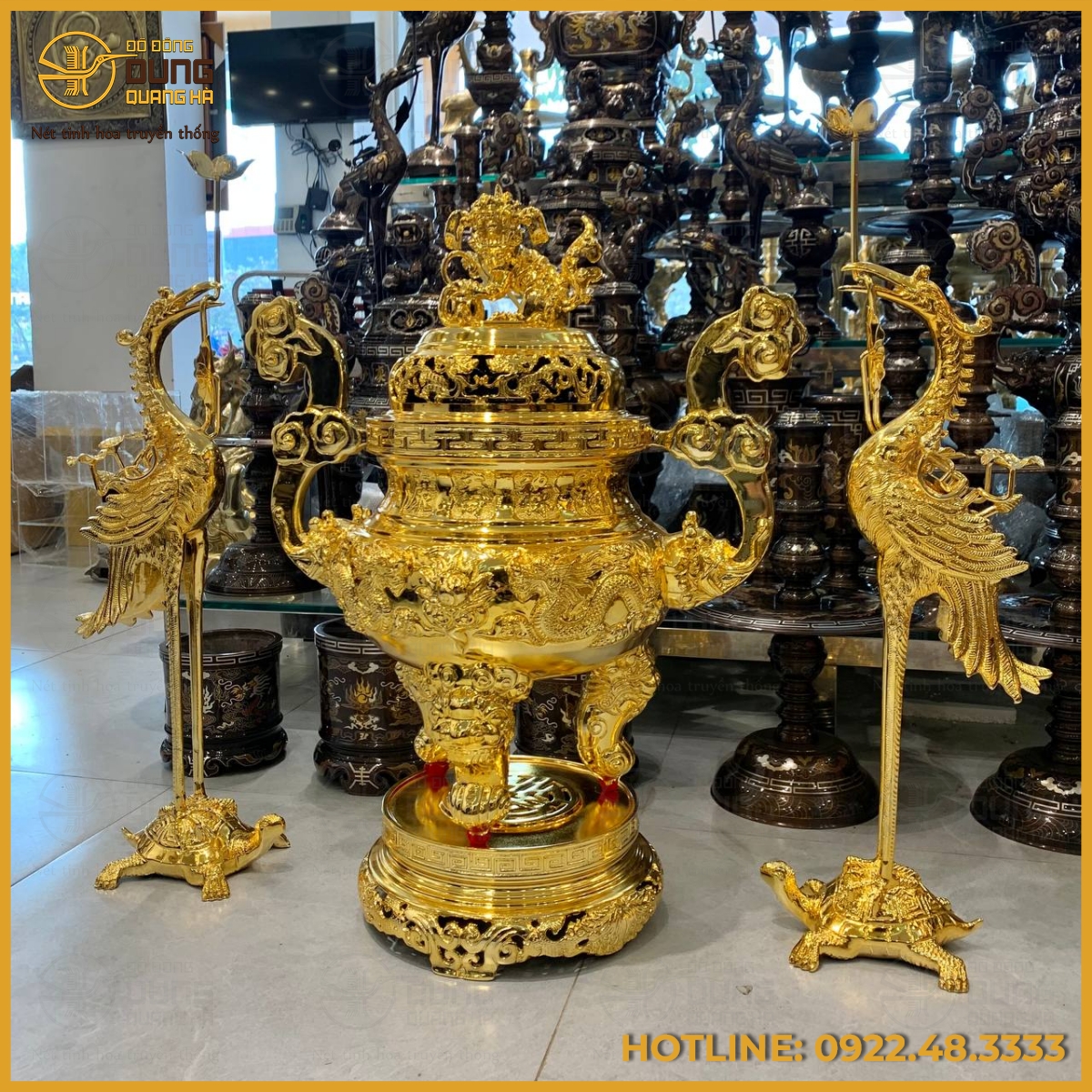 Bộ tam sự hạc song long chầu nguyệt mạ vàng cao cấp