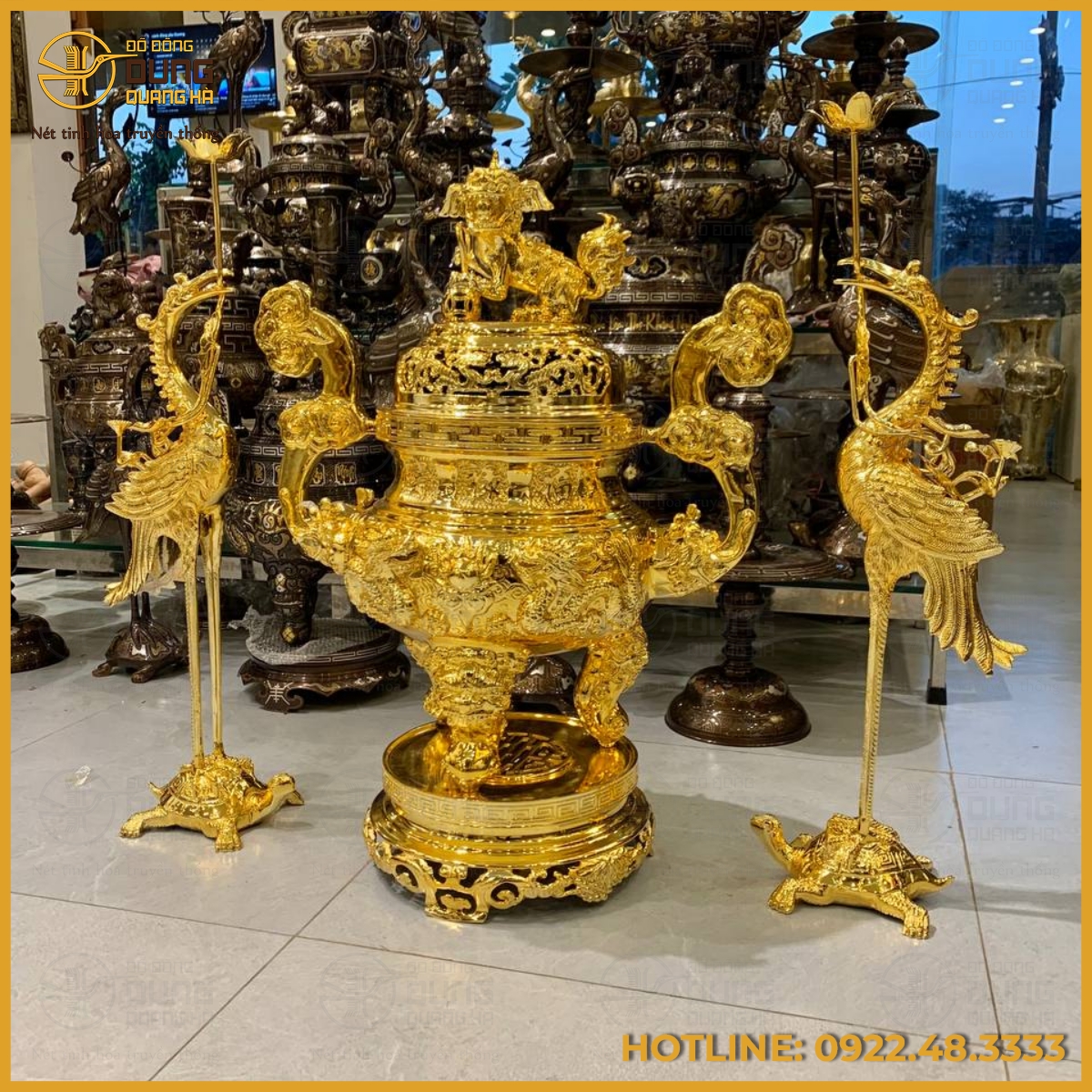Bộ tam sự hạc song long chầu nguyệt mạ vàng cao cấp