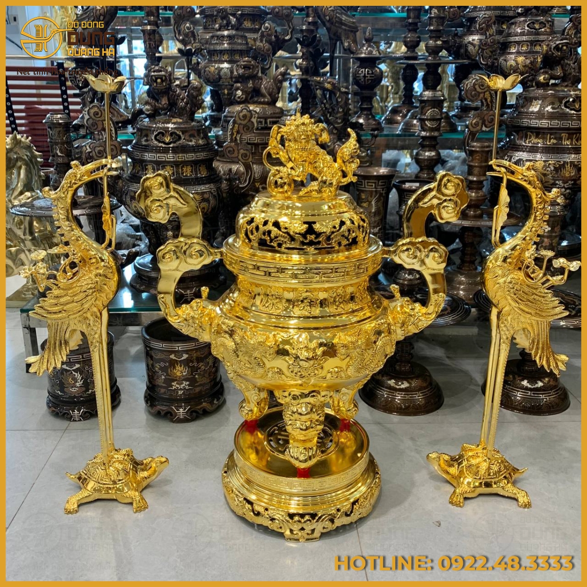 Bộ tam sự hạc song long chầu nguyệt mạ vàng cao cấp
