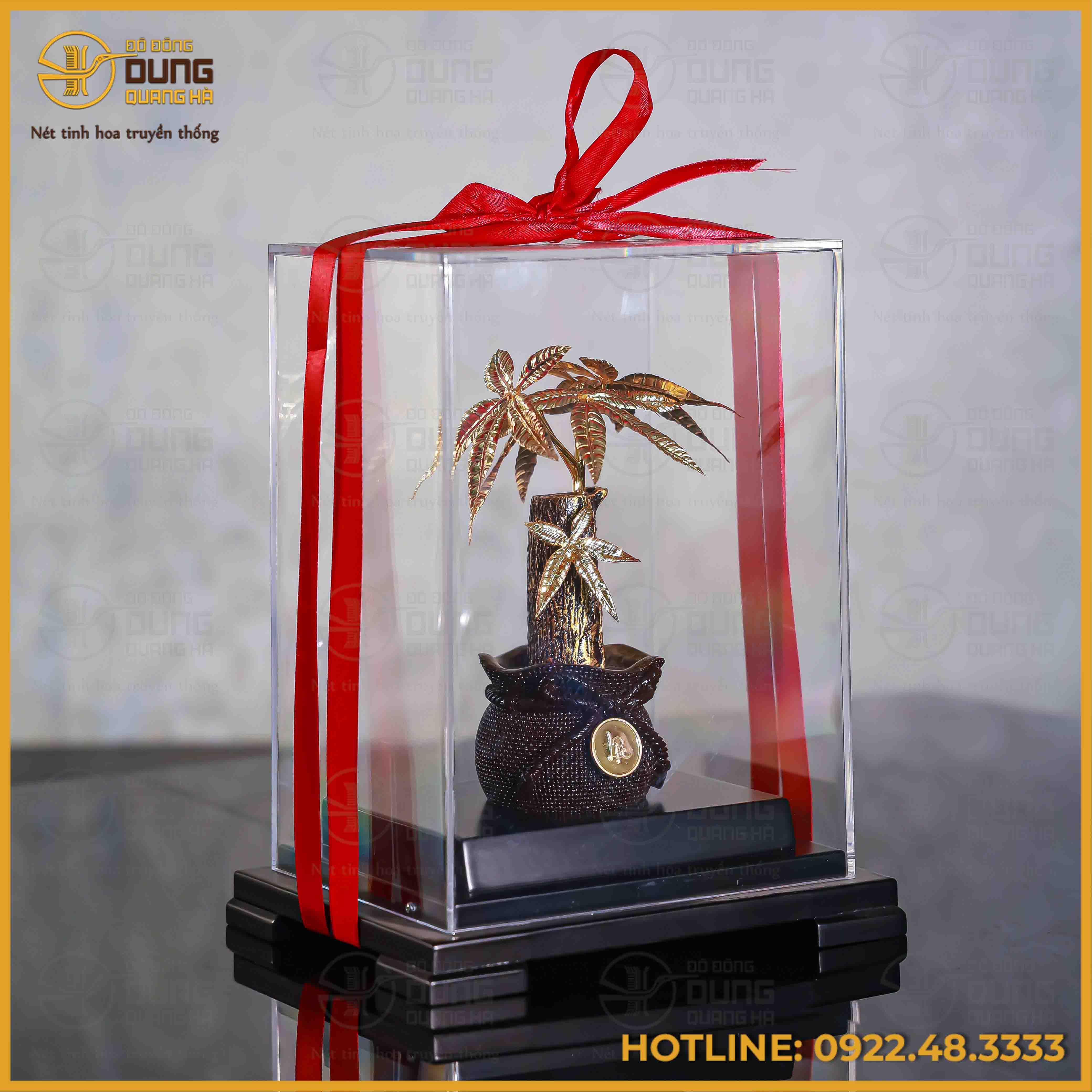 Quà lưu niệm cây kim tiền thân thẳng đồng vàng mạ vàng cao 22cm