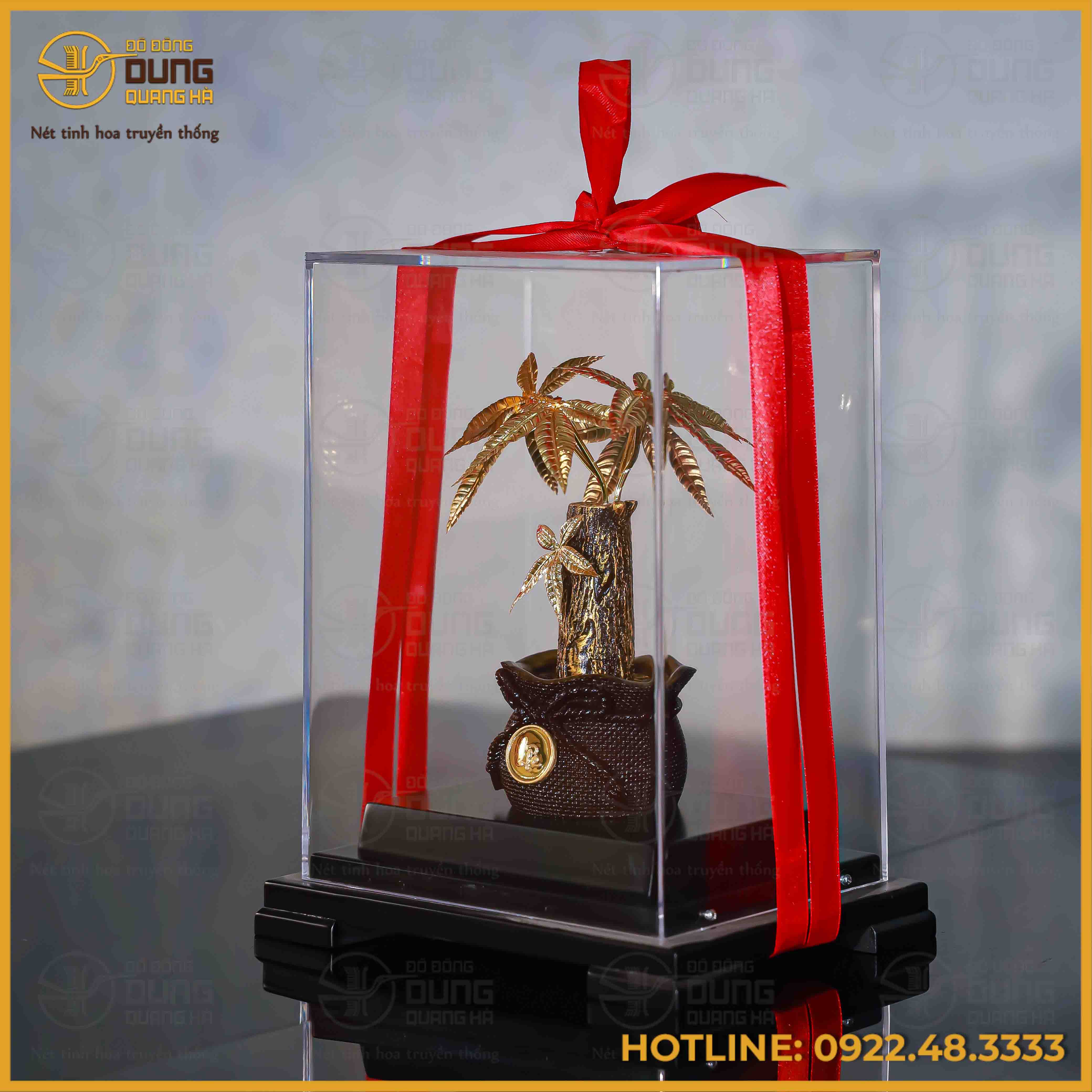 Quà lưu niệm cây kim tiền thân thẳng đồng vàng mạ vàng cao 22cm