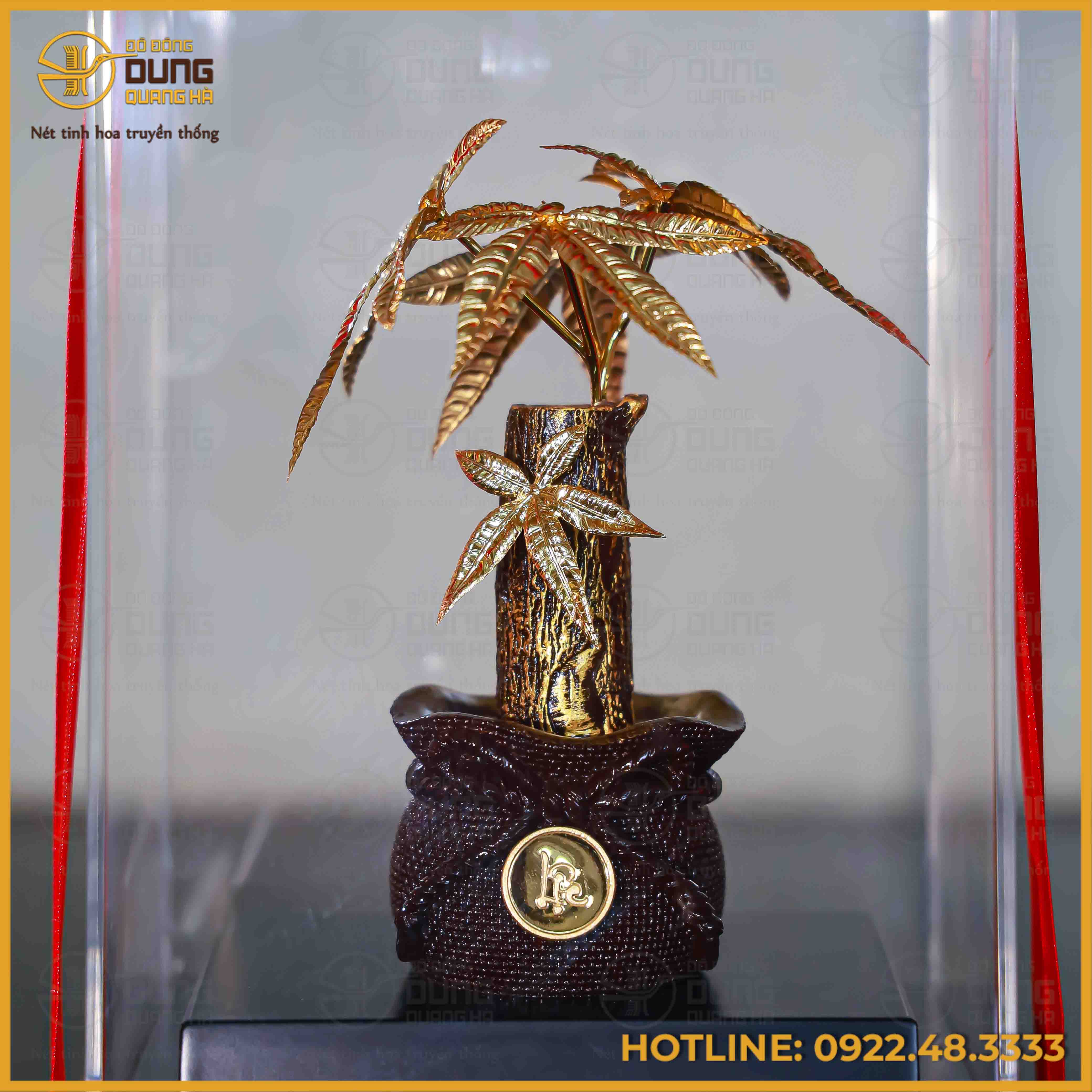Quà lưu niệm cây kim tiền thân thẳng đồng vàng mạ vàng cao 22cm