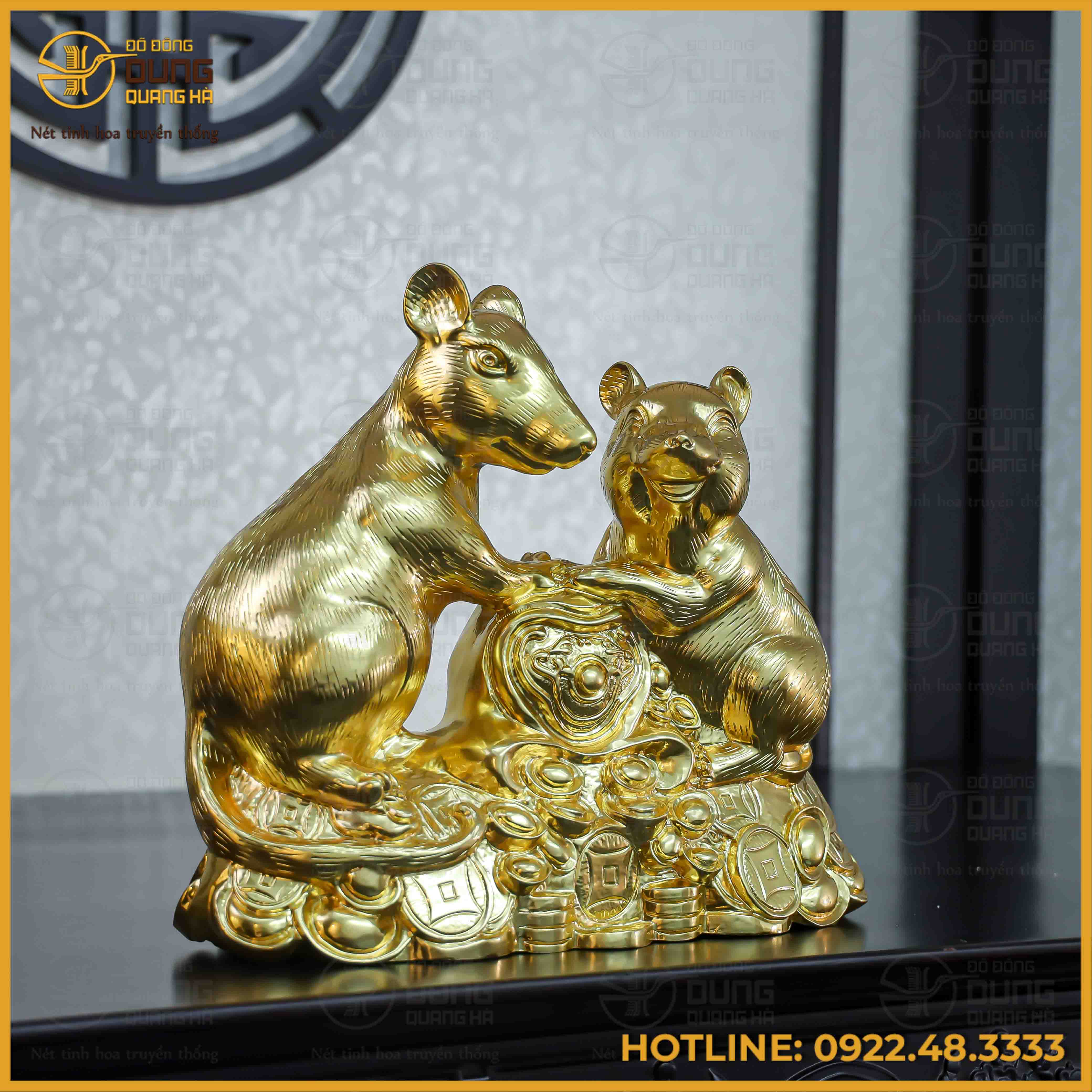 Tượng chuột đôi đồng đỏ dát vàng cao 39cm ngang 47cm nặng 24kg