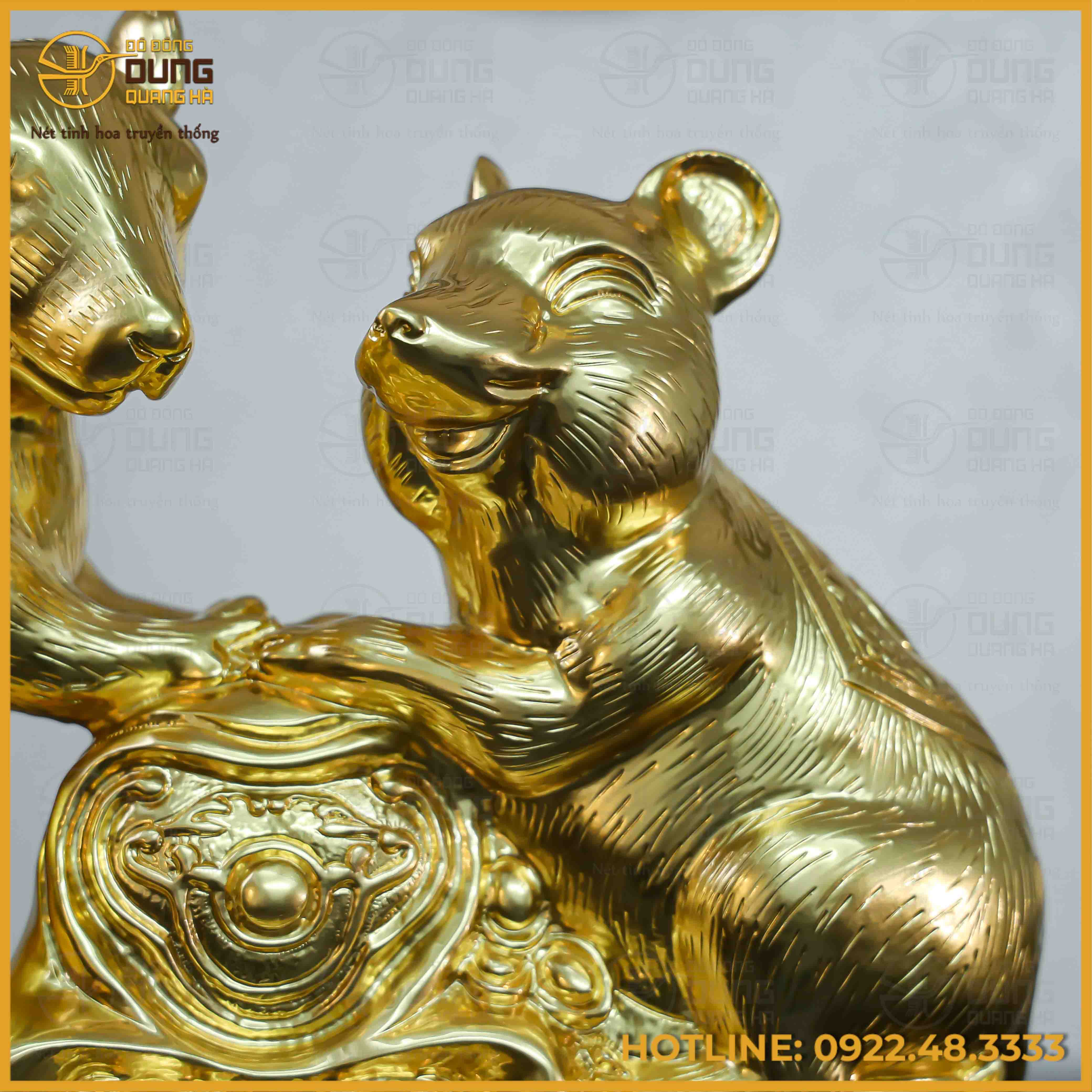 Tượng chuột đôi đồng đỏ dát vàng cao 39cm ngang 47cm nặng 24kg