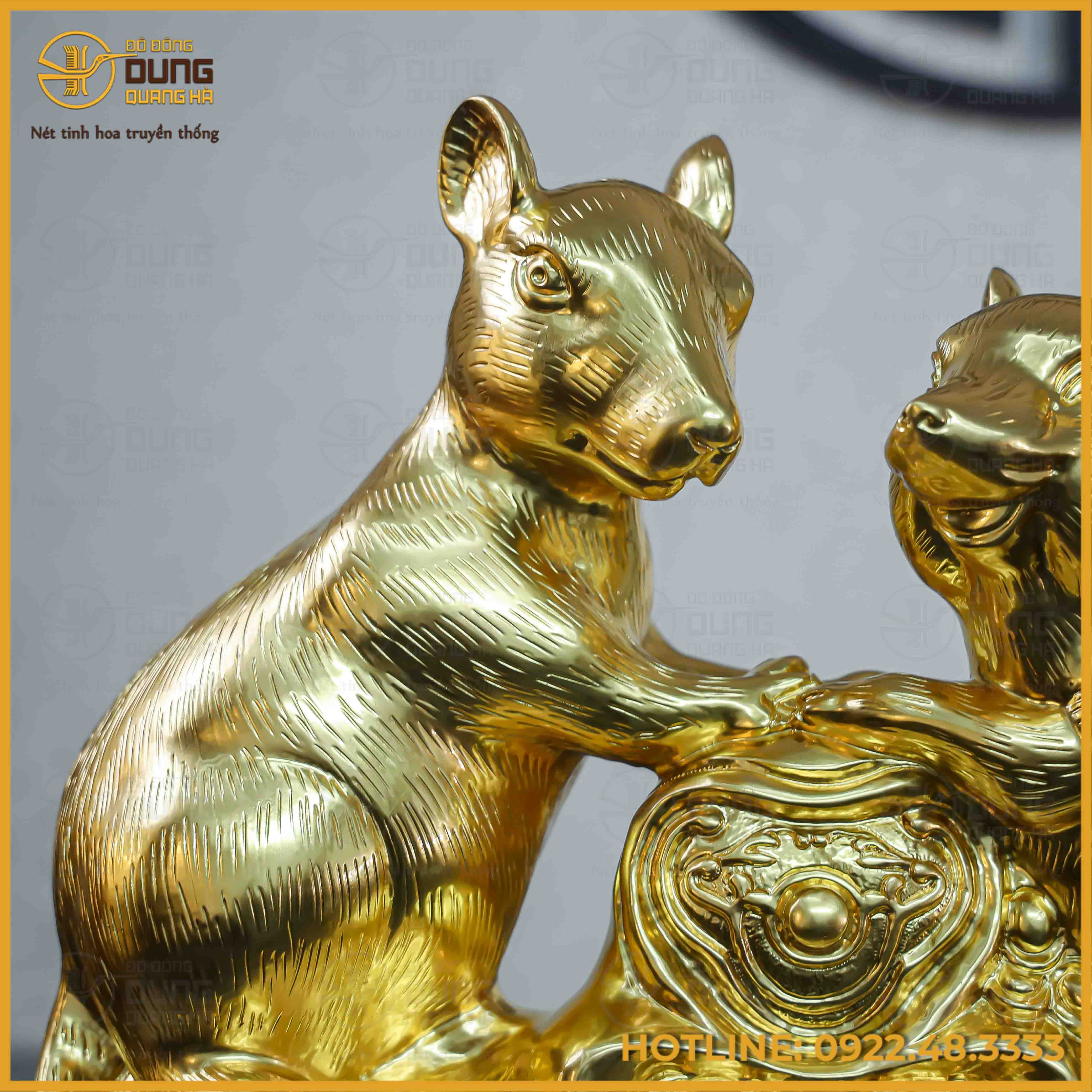 Tượng chuột đôi đồng đỏ dát vàng cao 39cm ngang 47cm nặng 24kg