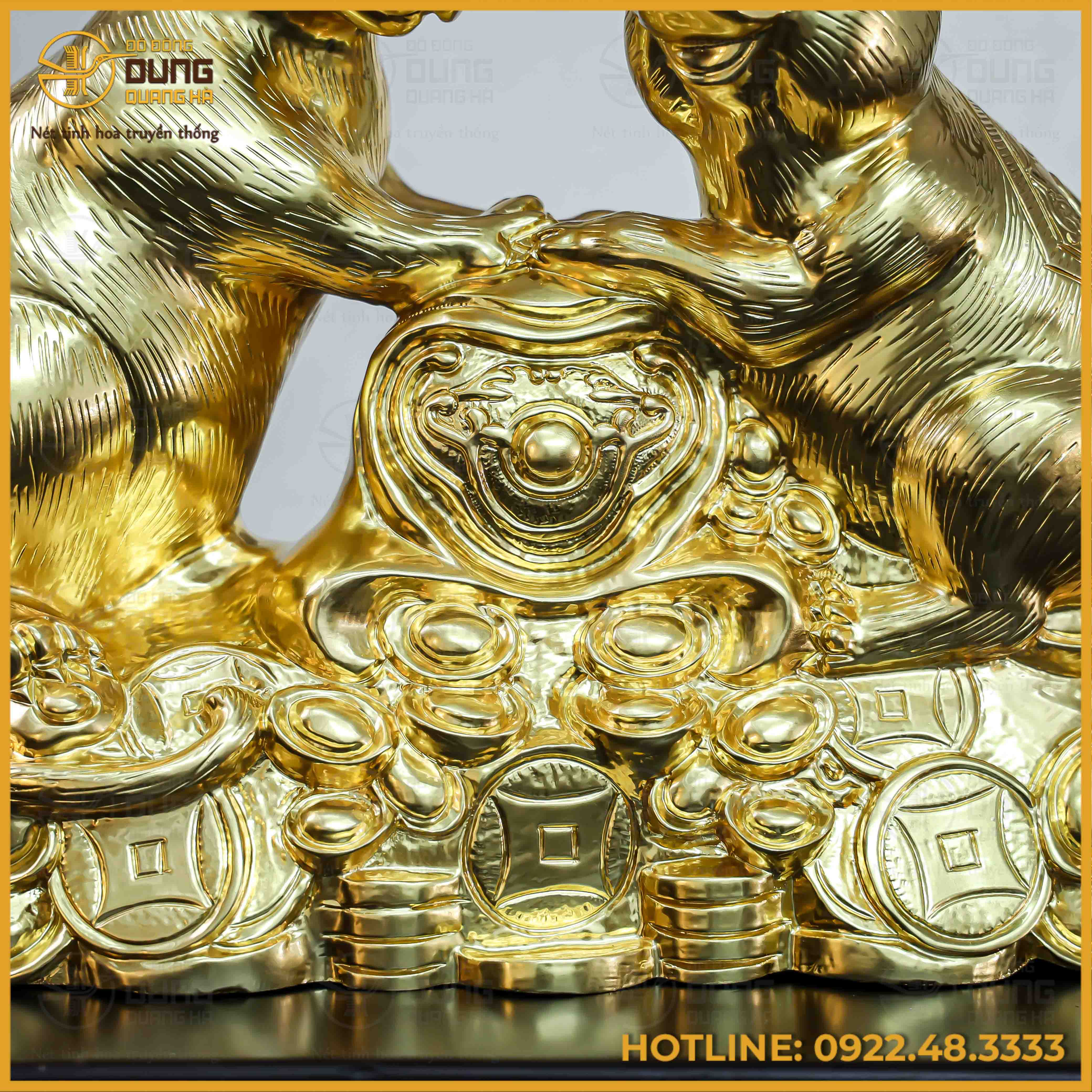 Tượng chuột đôi đồng đỏ dát vàng cao 39cm ngang 47cm nặng 24kg