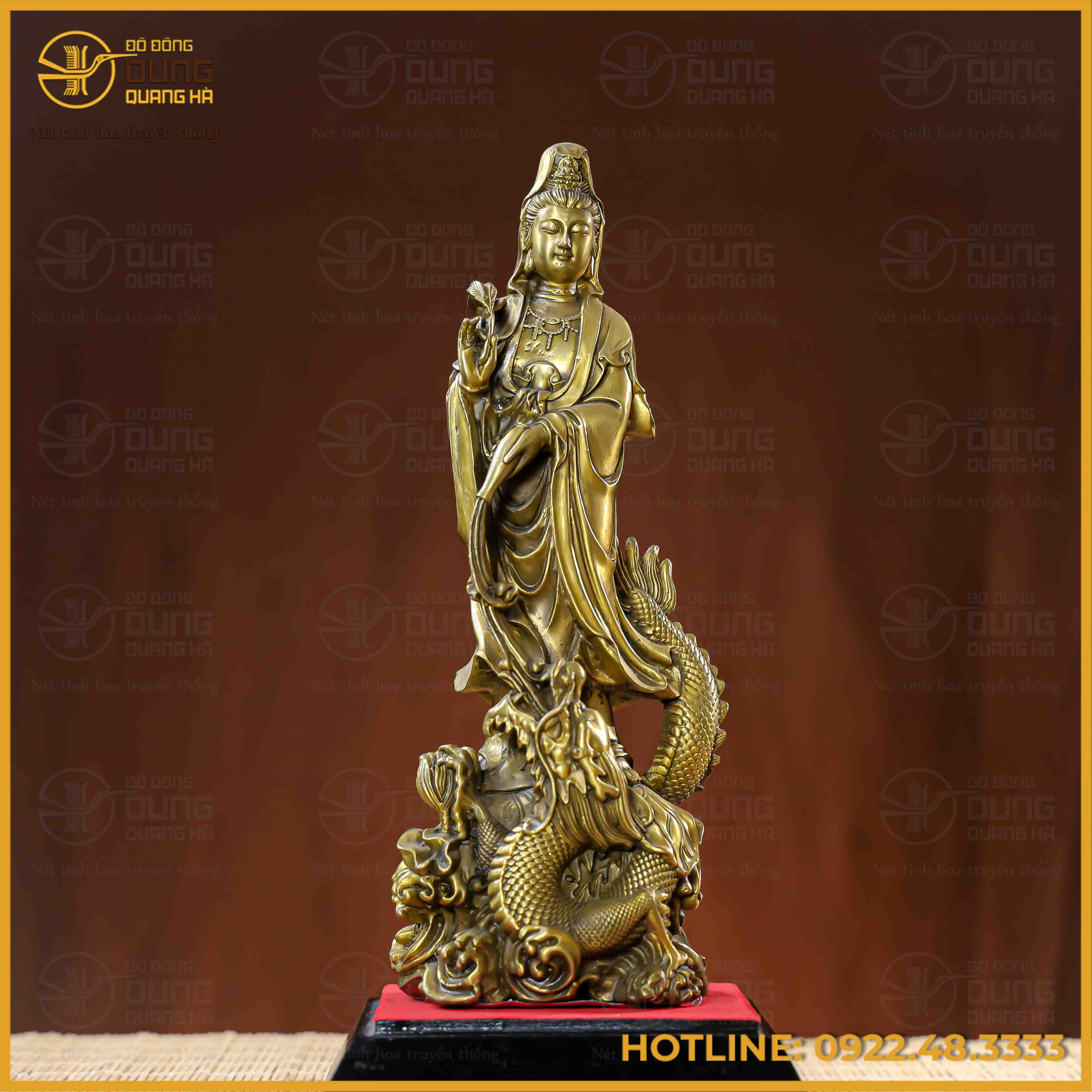 Tượng Phật Quán Thế Âm cưỡi rồng đồng vàng cao 30cm ngang 11cm nặng 1,8kg