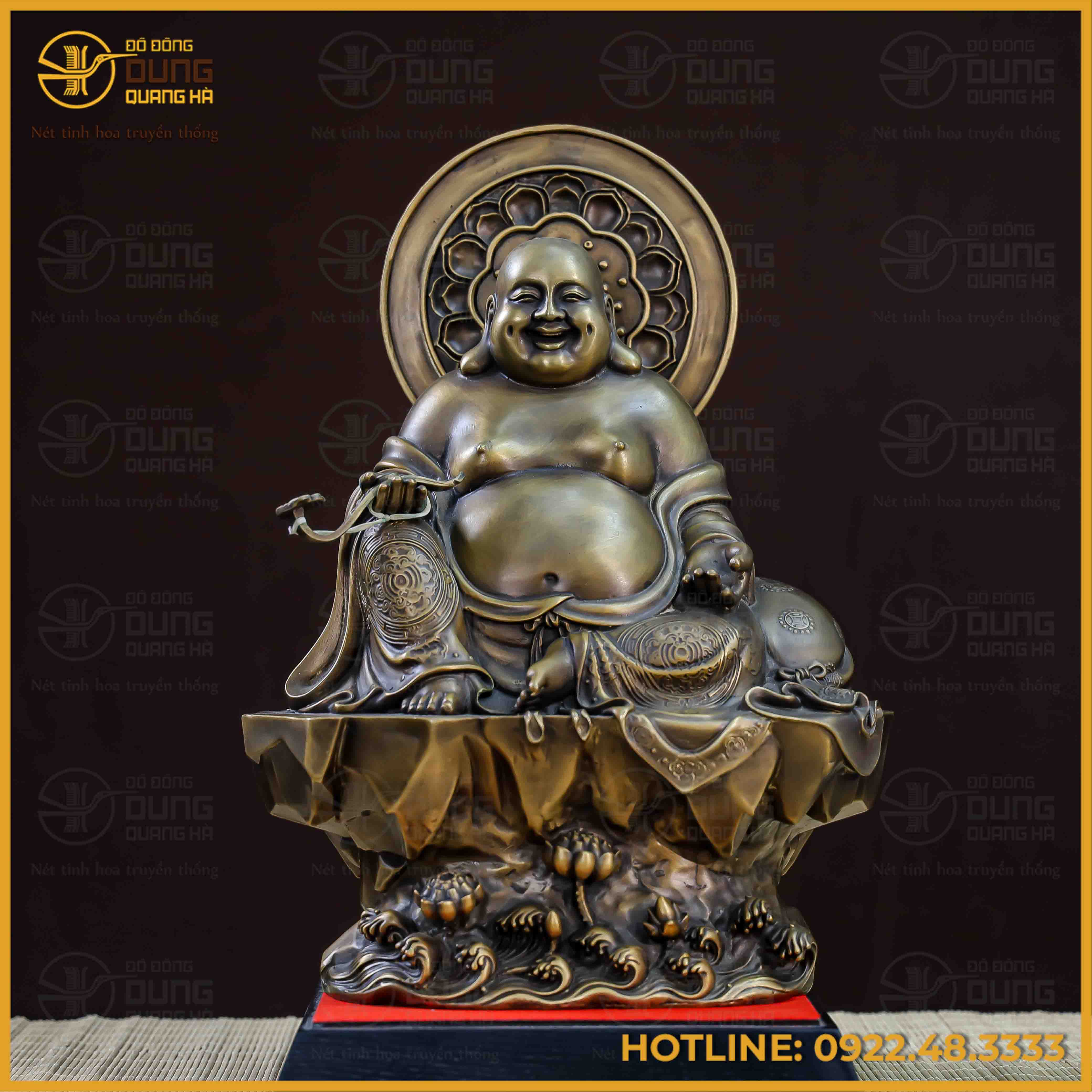 Tượng Phật Di Lạc bệ đá đồng vàng hun cao 40cm ngang 28cm