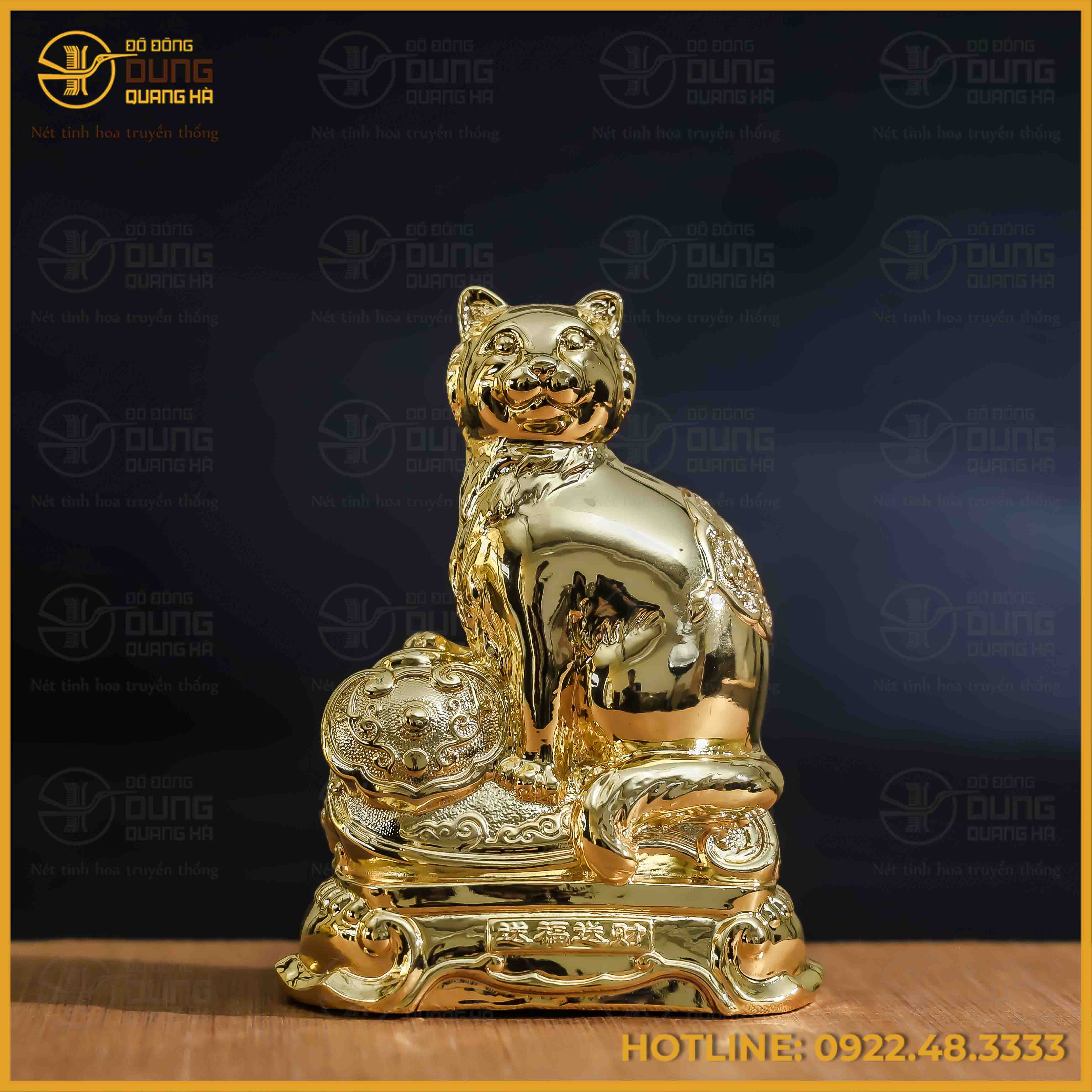 Tượng mèo như ý  đồng vàng mạ vàng kích thước 17x13cm nặng 1kg