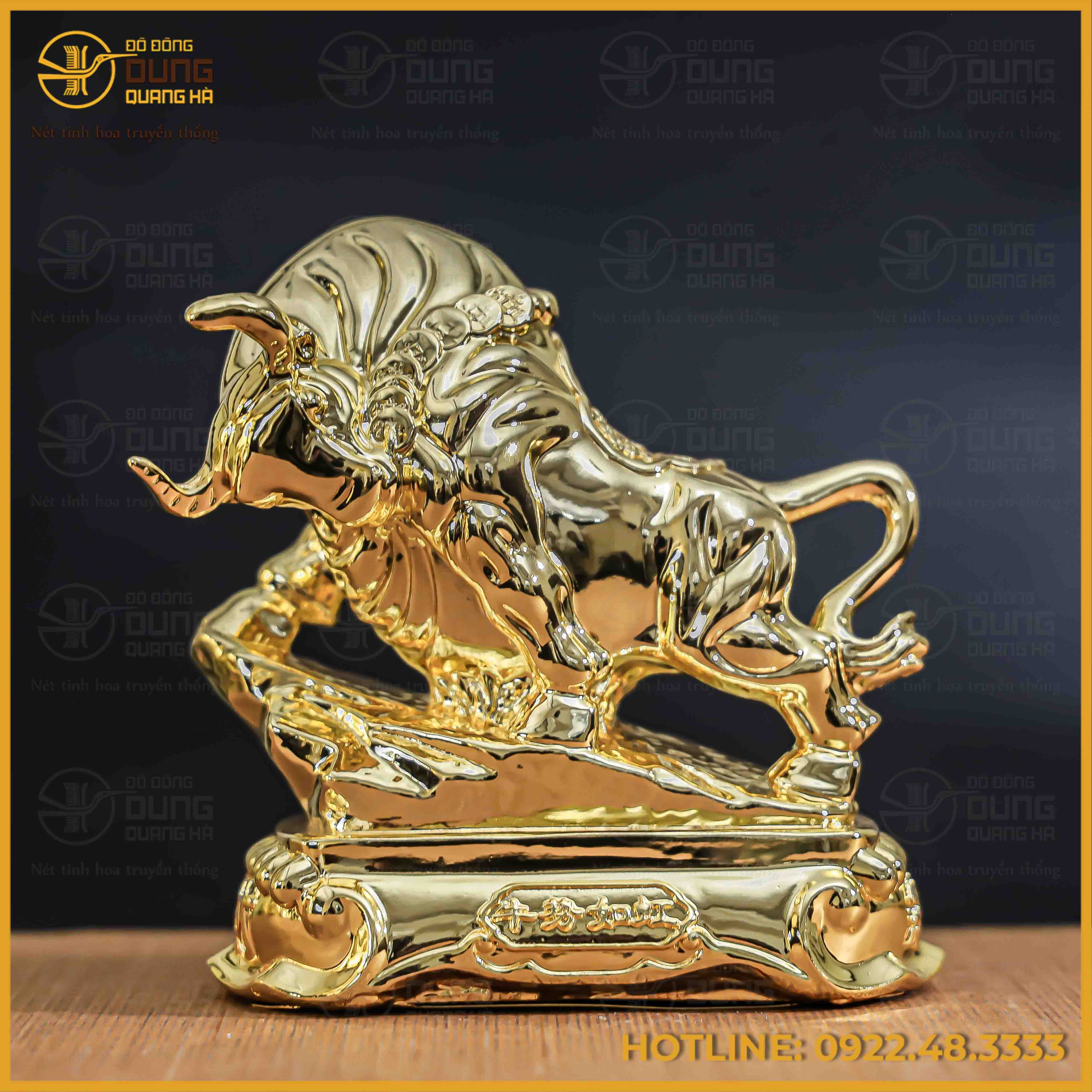 Tượng trâu đồng vàng mạ vàng kích thước 16x13cm nặng 1kg
