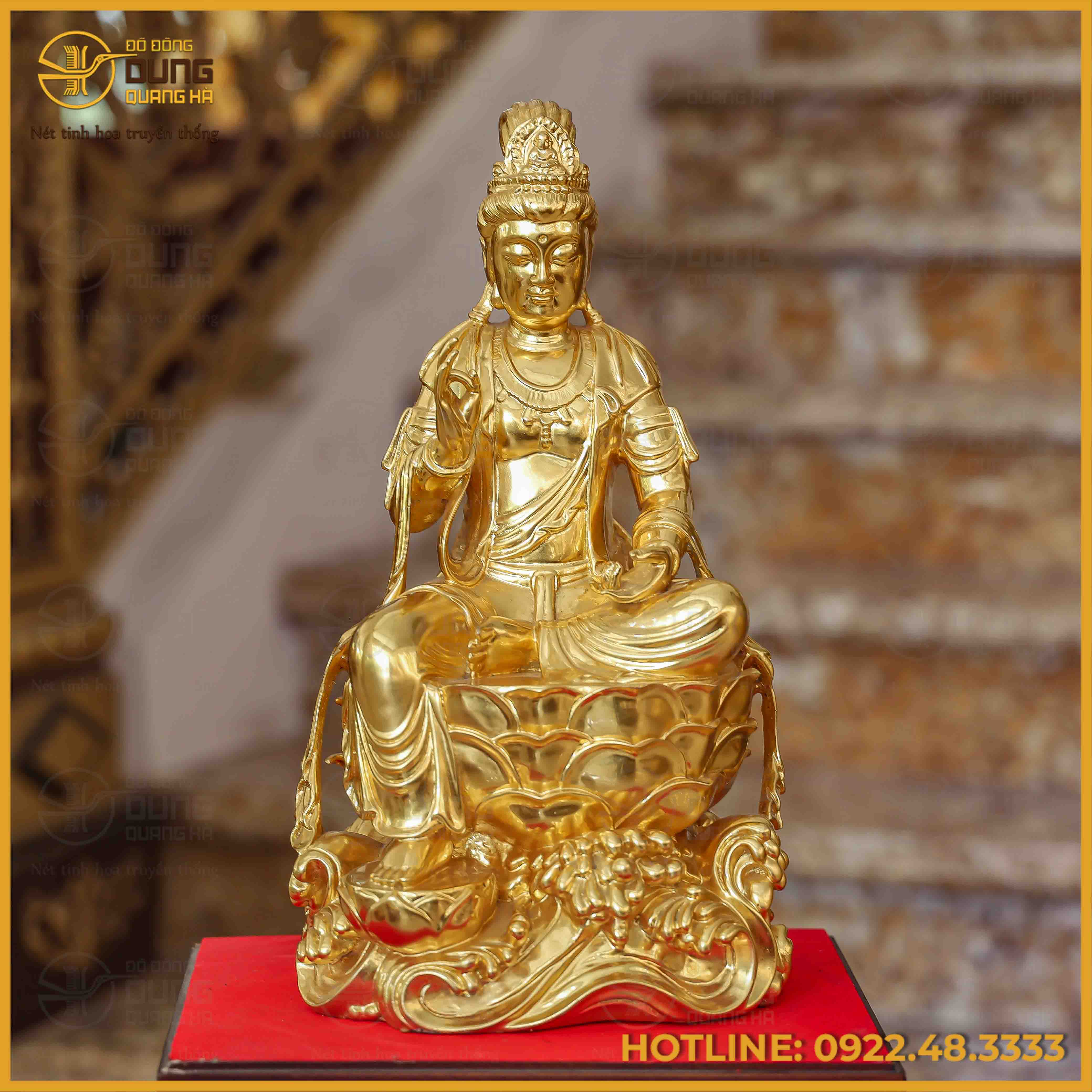 Tượng Quan Âm tự tại đồng đỏ dát vàng cao 38cm