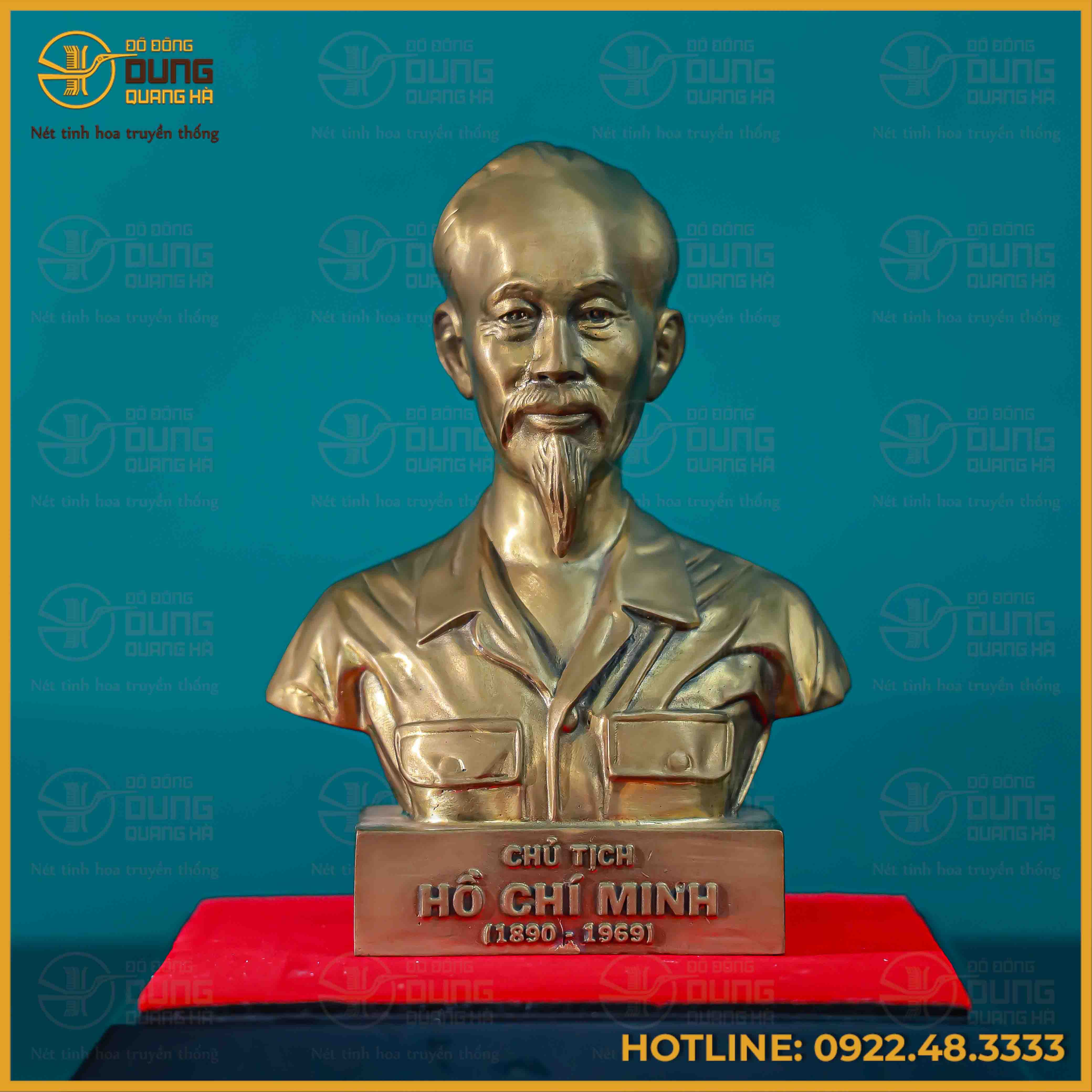Tượng Bác Hồ bán thân đồng vàng giả cổ cao 17cm