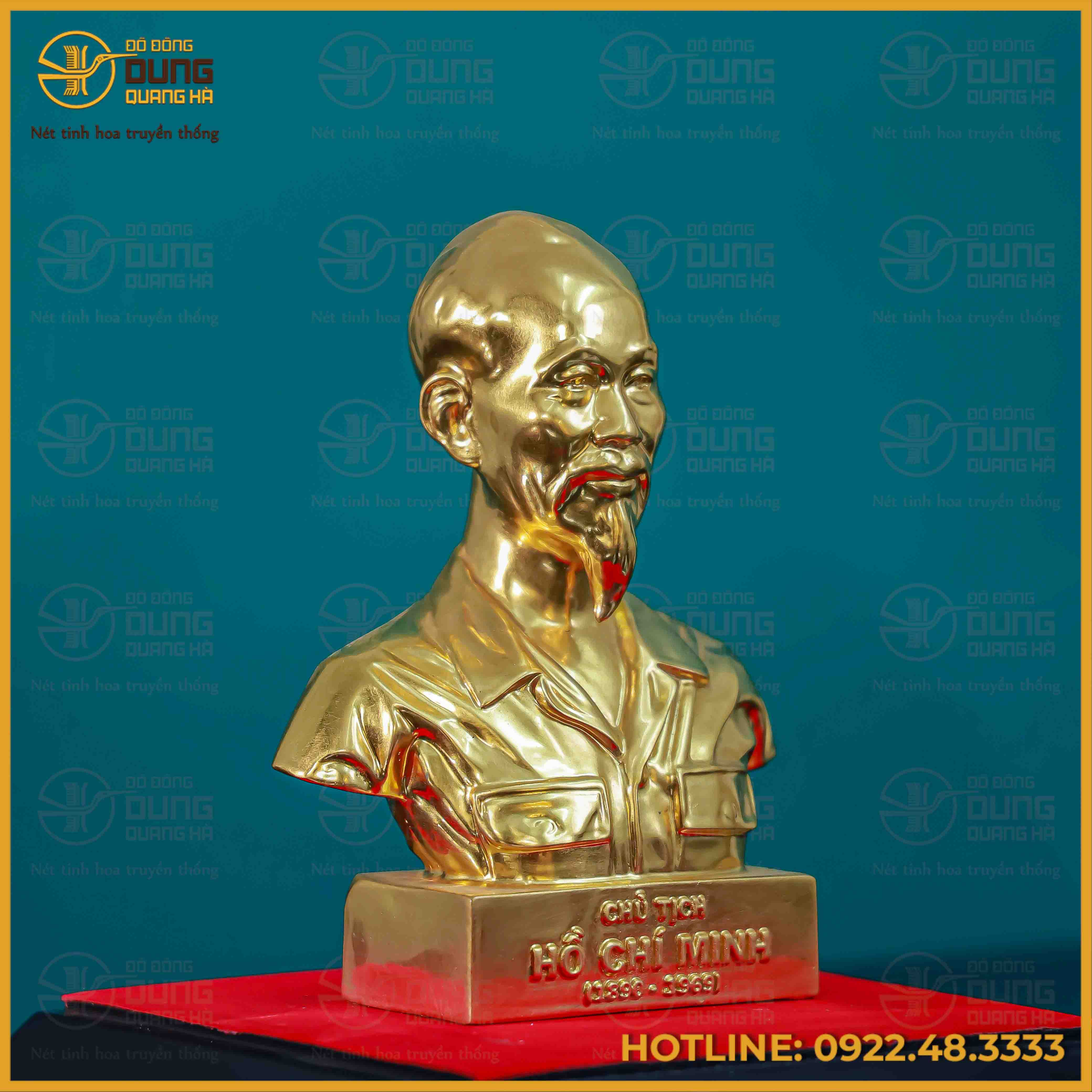 Tượng Bác Hồ bán thân đồng vàng dát vàng cao 17cm