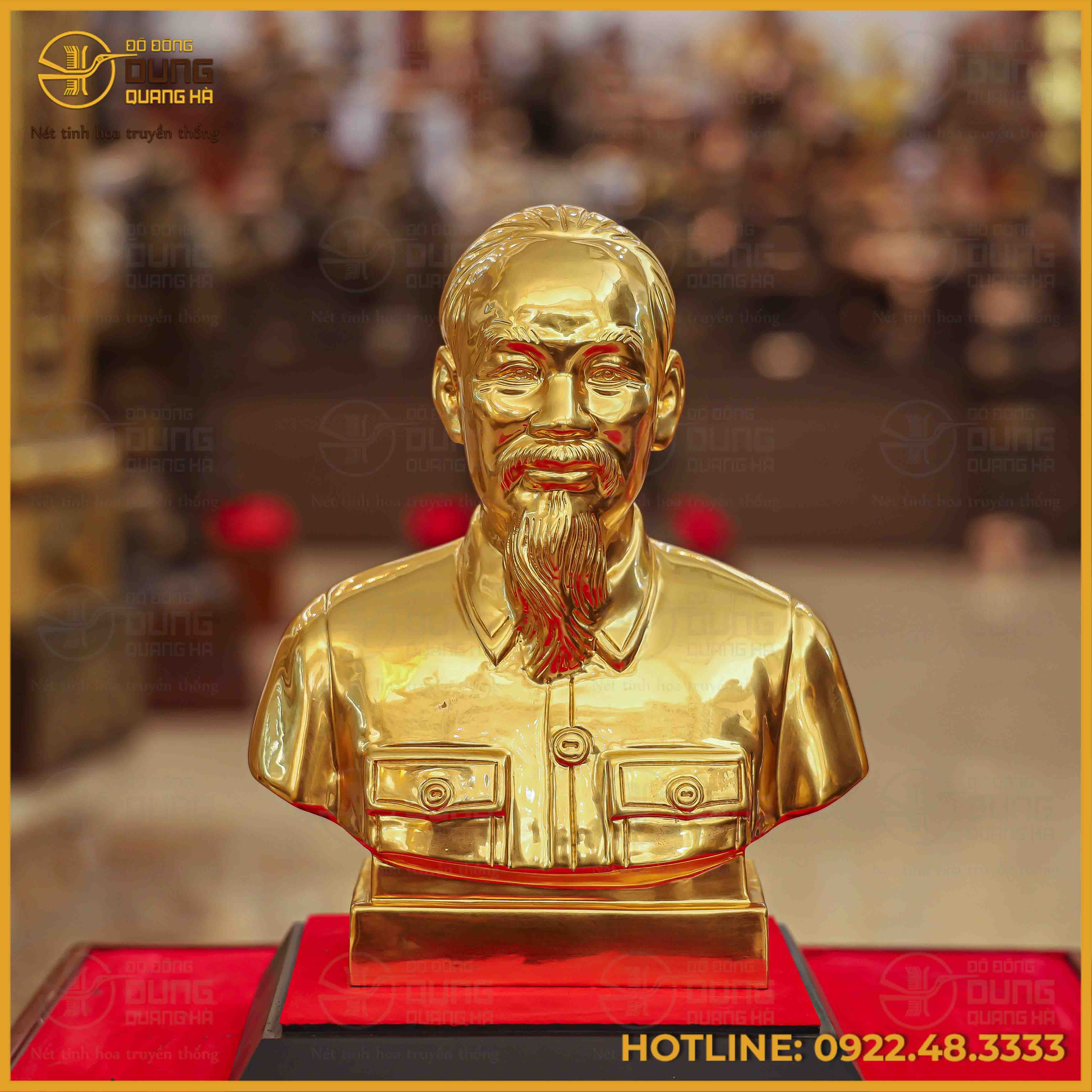 Tượng bán thân Bác Hồ đồng đỏ dát vàng cao 25cm