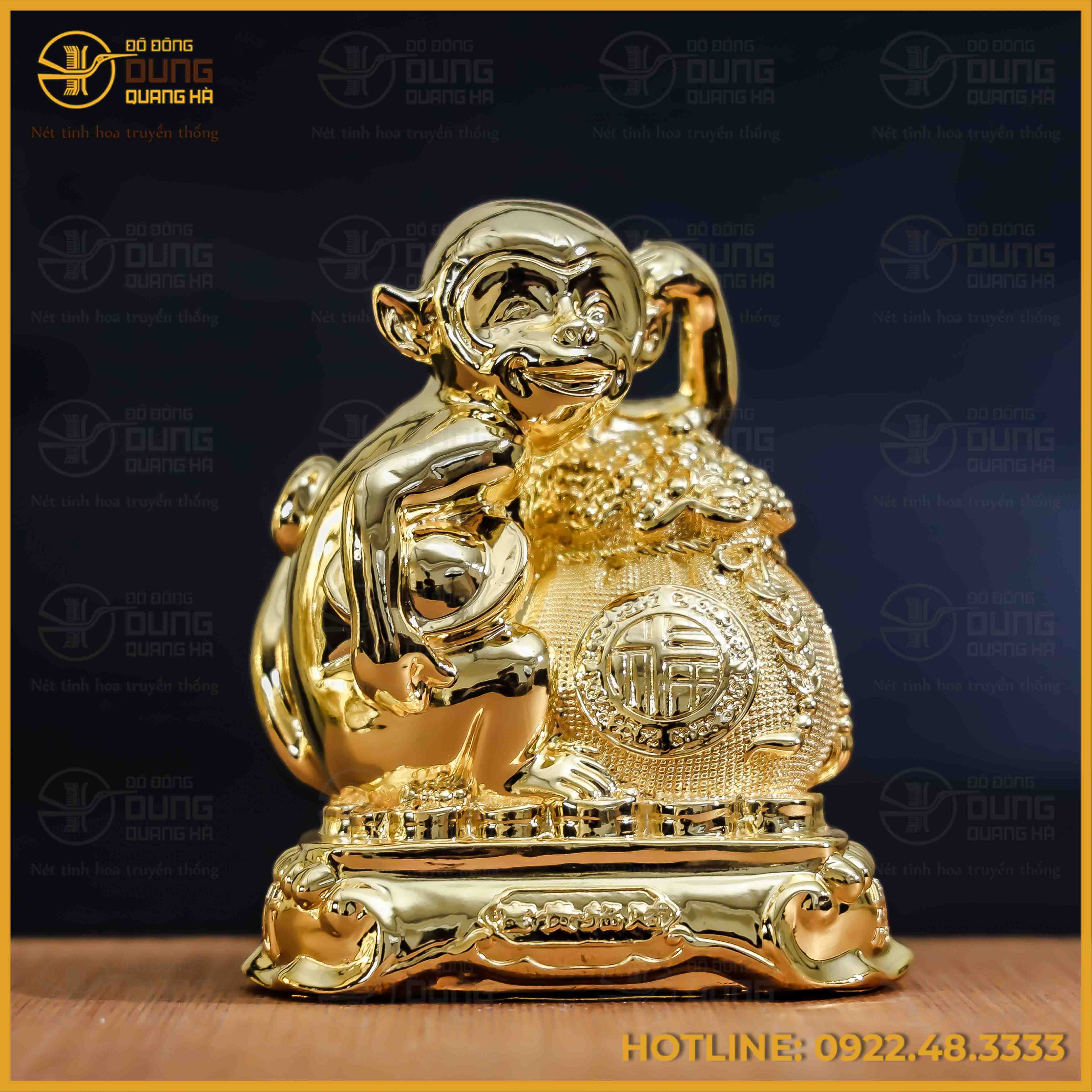 Tượng khỉ đồng vàng mạ vàng kích thước 17x13cm nặng 1kg