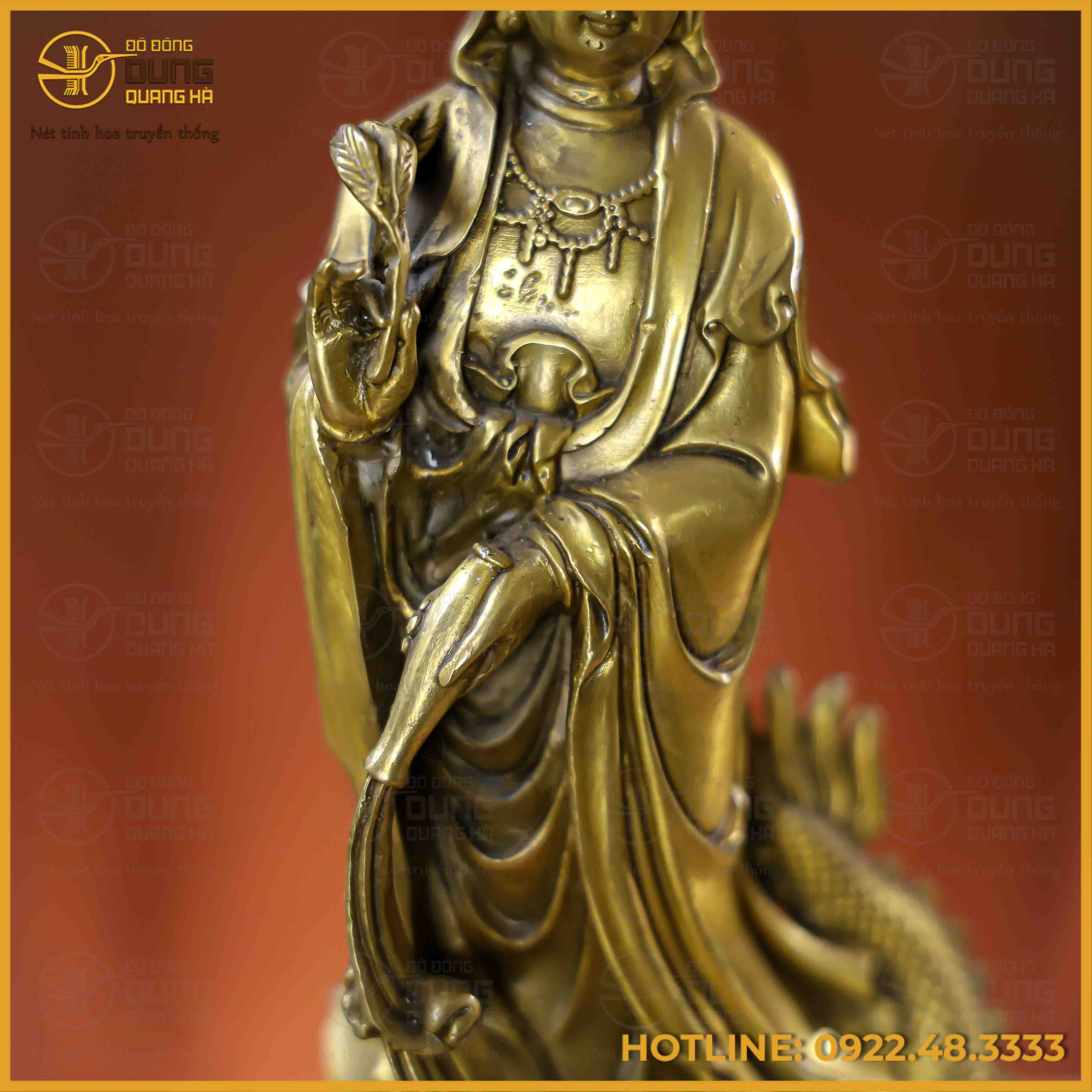 Tượng Phật Quán Thế Âm cưỡi rồng đồng vàng cao 30cm ngang 11cm nặng 1,8kg