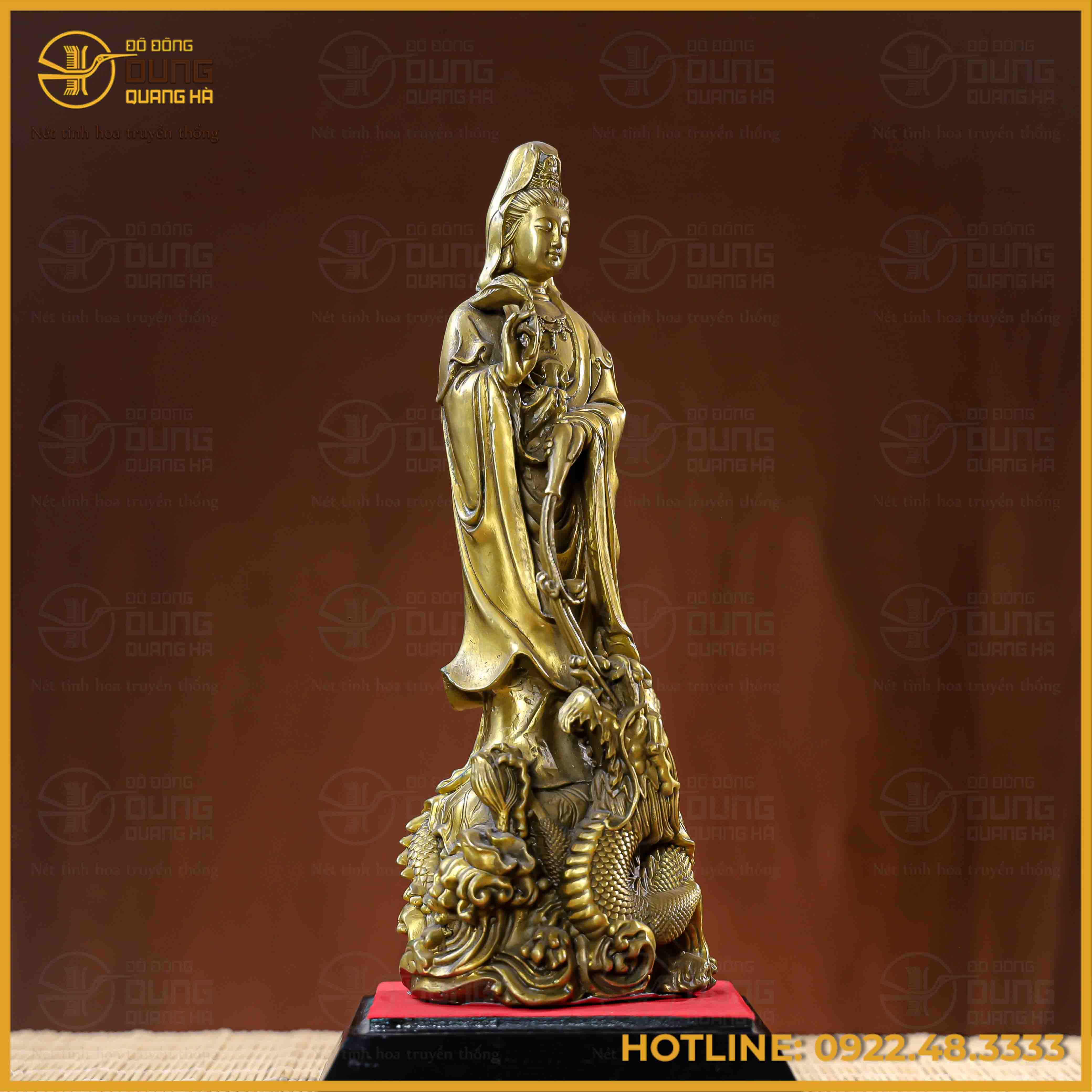 Tượng Phật Quán Thế Âm cưỡi rồng đồng vàng cao 30cm ngang 11cm nặng 1,8kg