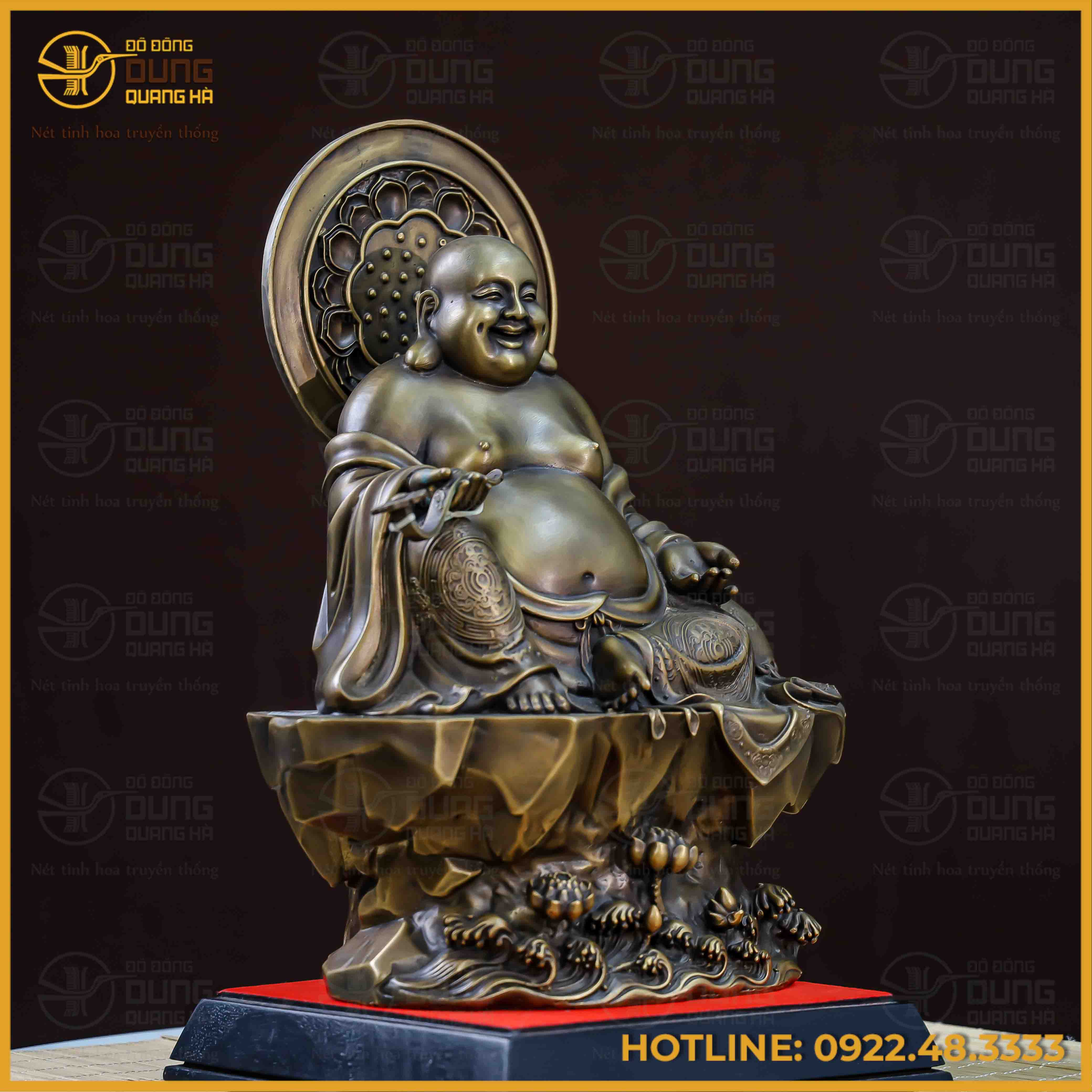 Tượng Phật Di Lạc bệ đá đồng vàng hun cao 40cm ngang 28cm