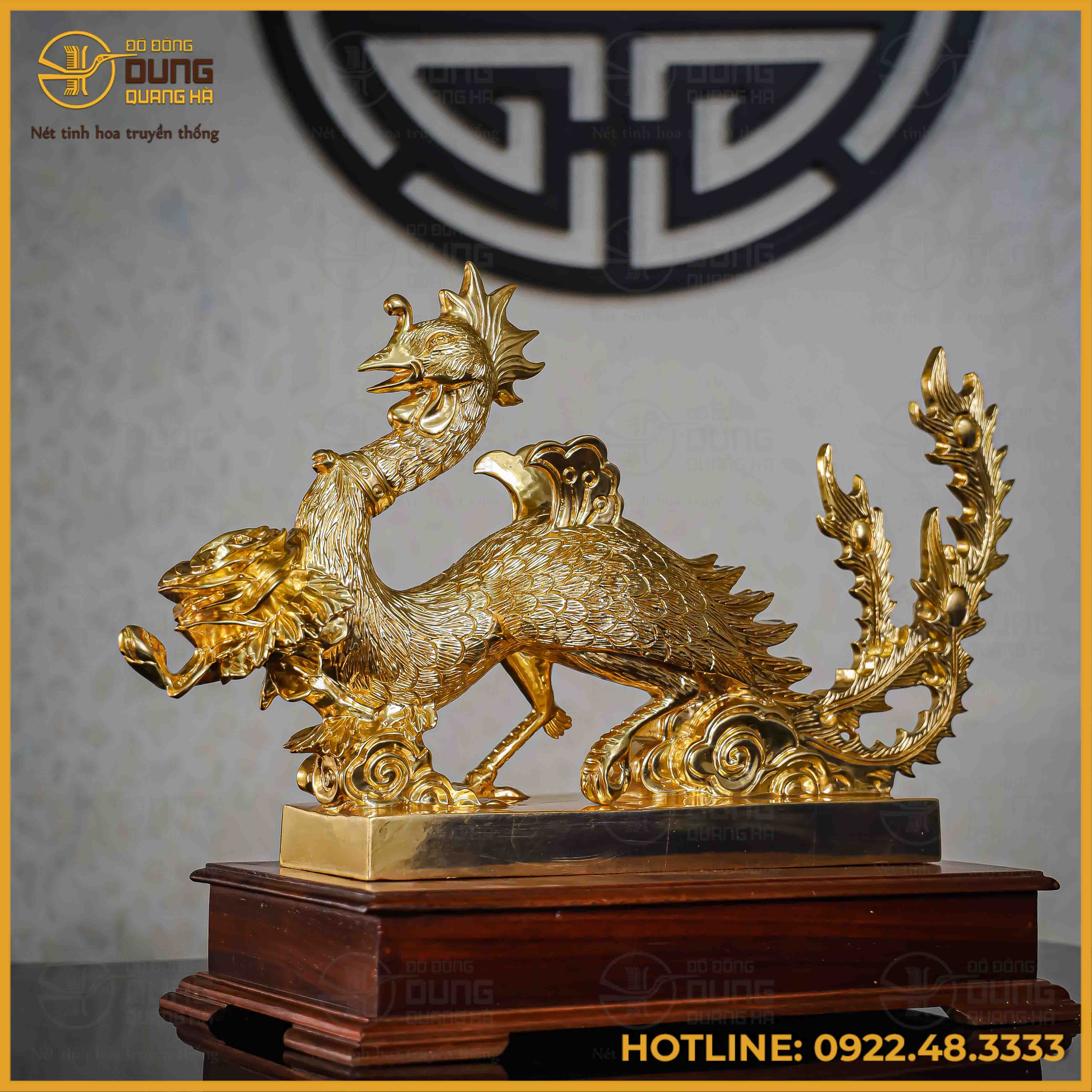 Tượng phượng hoàng đồng đỏ dát vàng cao 30cm dài 51cm nặng 17kg