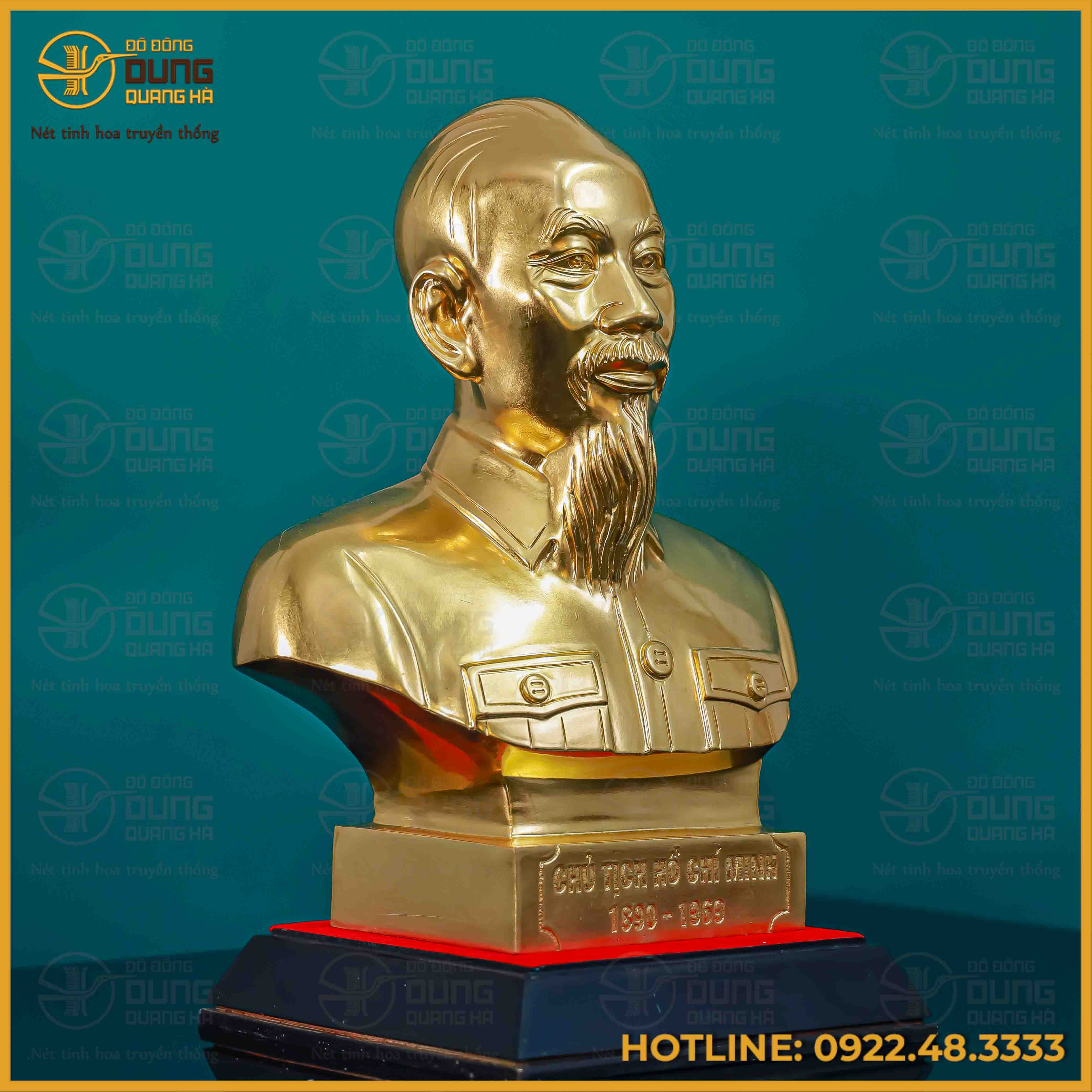Tượng Bác Hồ bán thân đồng đỏ dát vàng kích thước 34x24cm