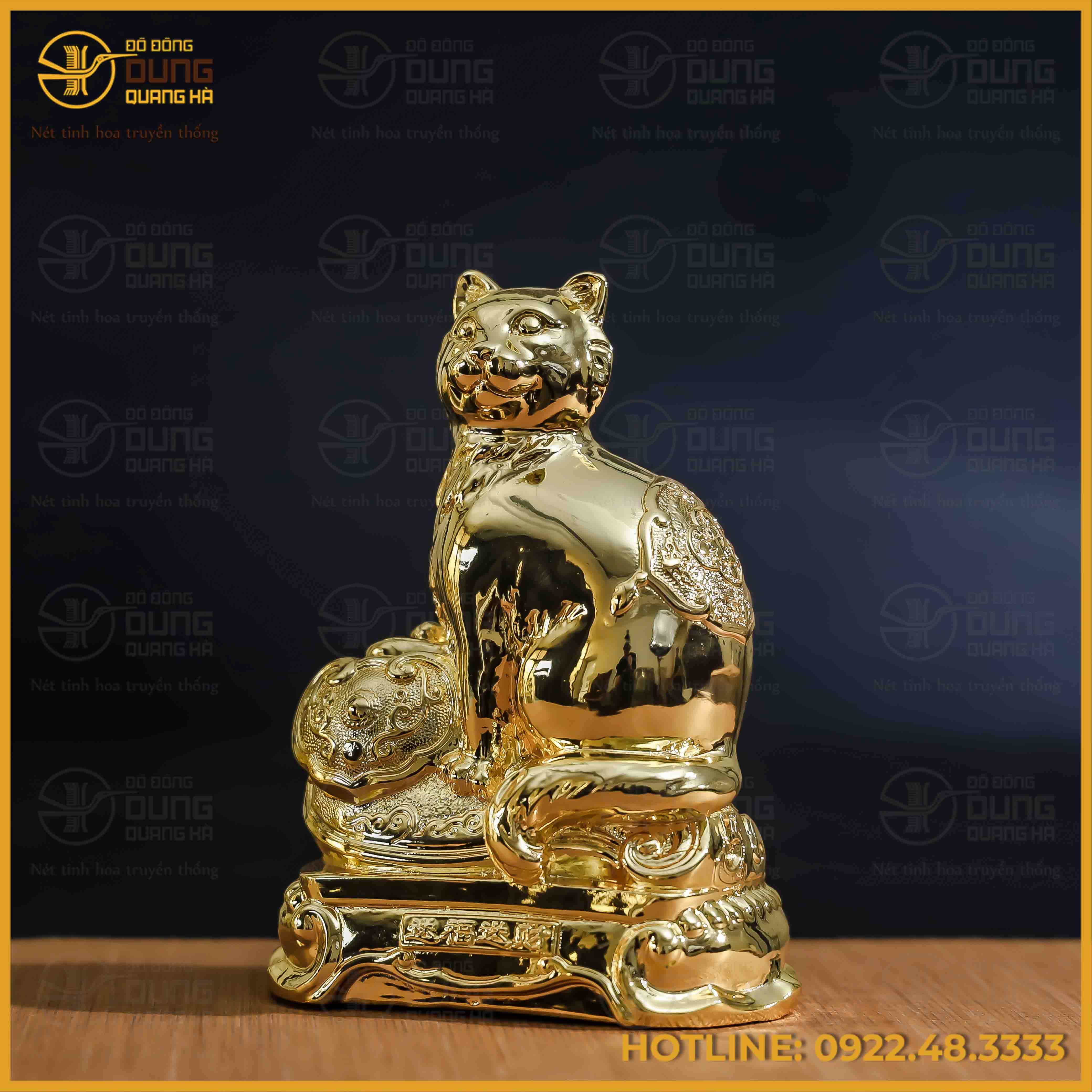 Tượng mèo như ý  đồng vàng mạ vàng kích thước 17x13cm nặng 1kg
