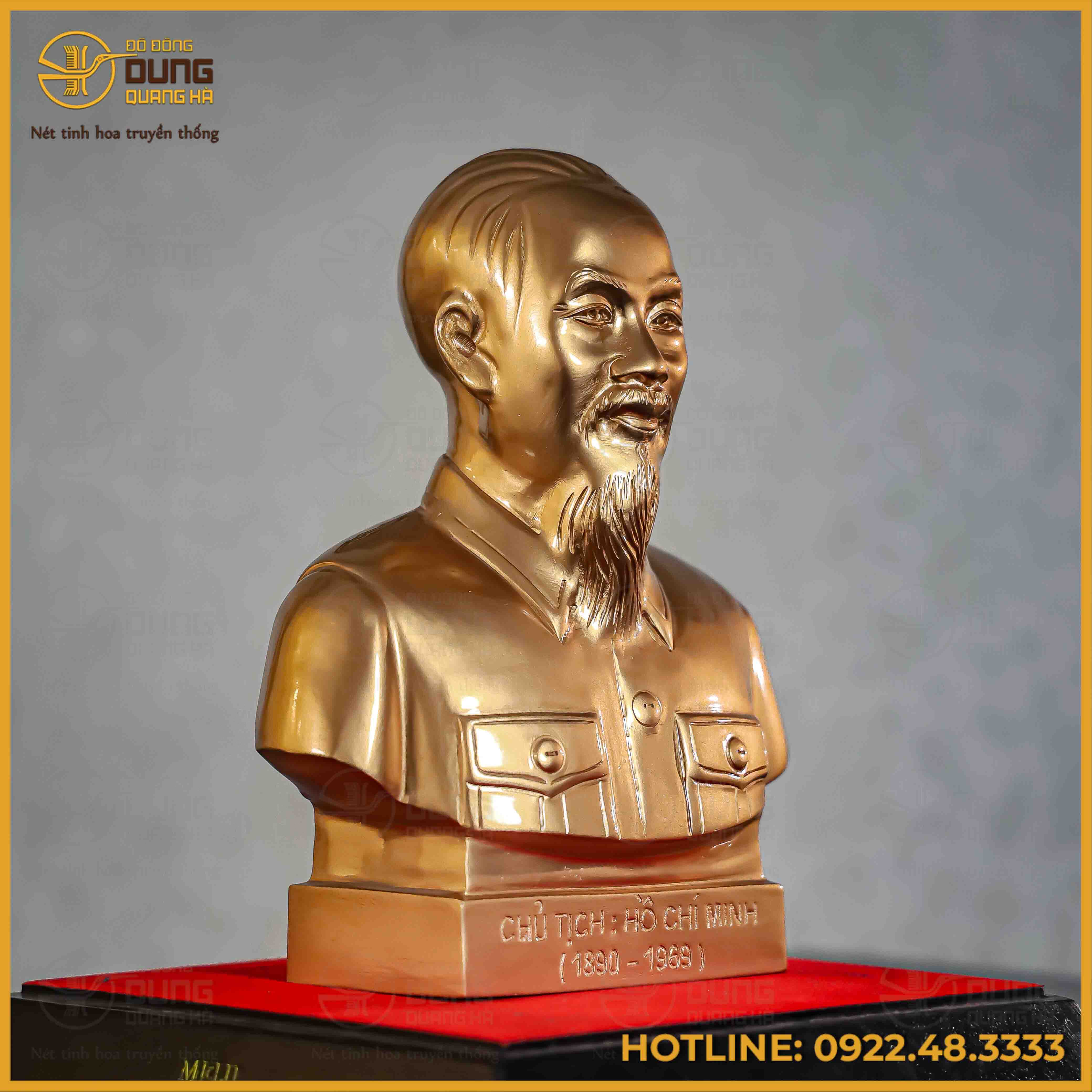 Tượng Bác Hồ bán thân đồng đỏ màu nhũ cao 25cm ngang 20cm