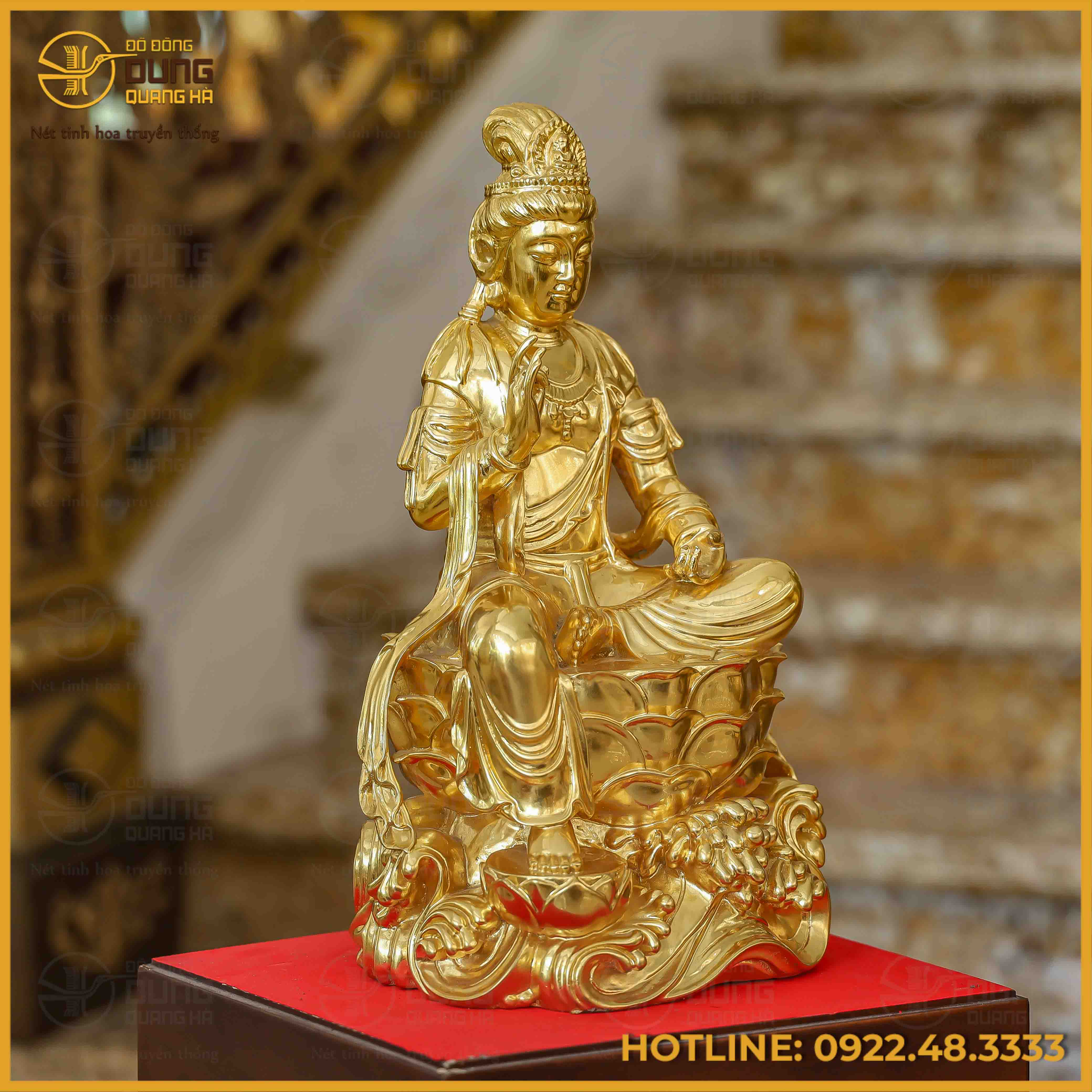 Tượng Quan Âm tự tại đồng đỏ dát vàng cao 38cm