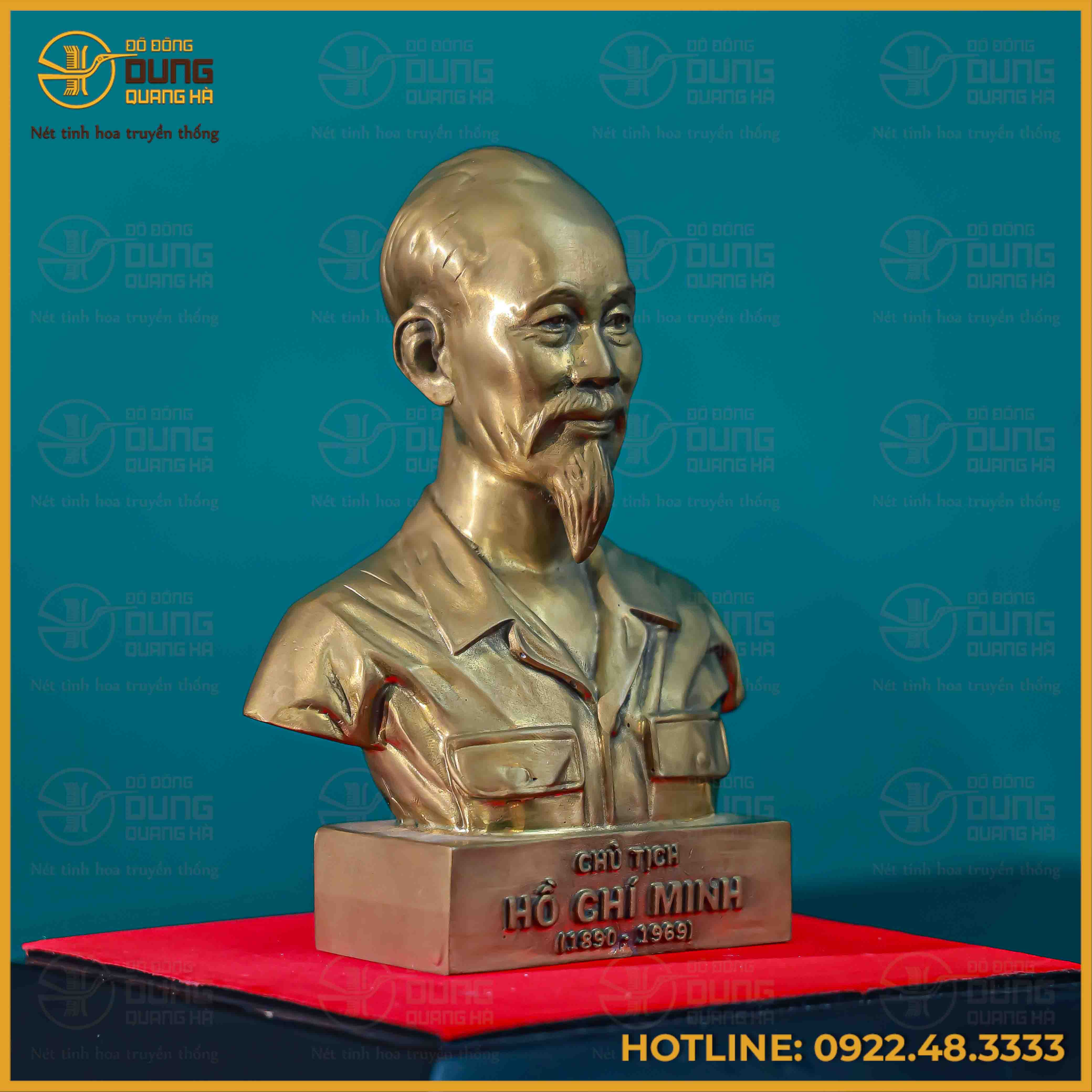 Tượng Bác Hồ bán thân đồng vàng giả cổ cao 17cm