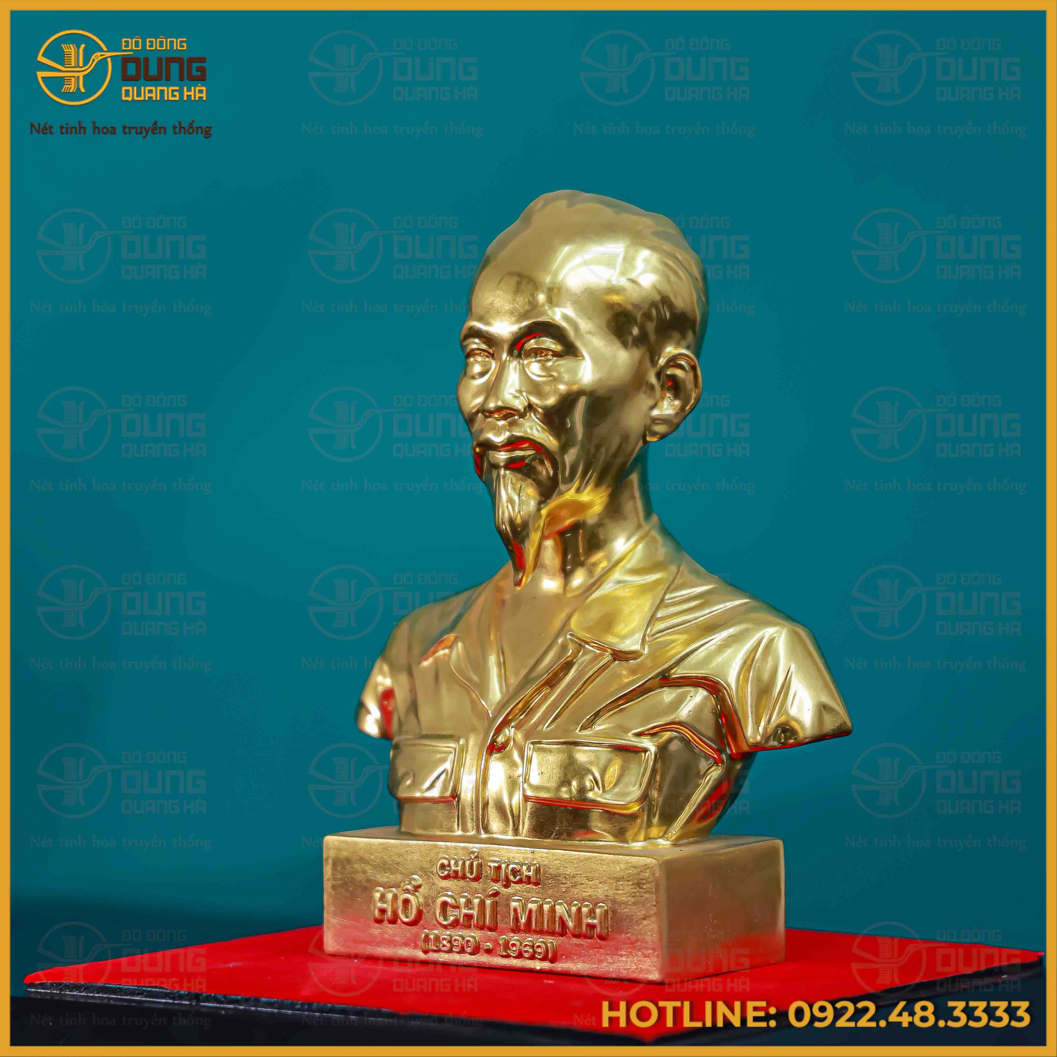Tượng Bác Hồ bán thân đồng vàng dát vàng cao 17cm