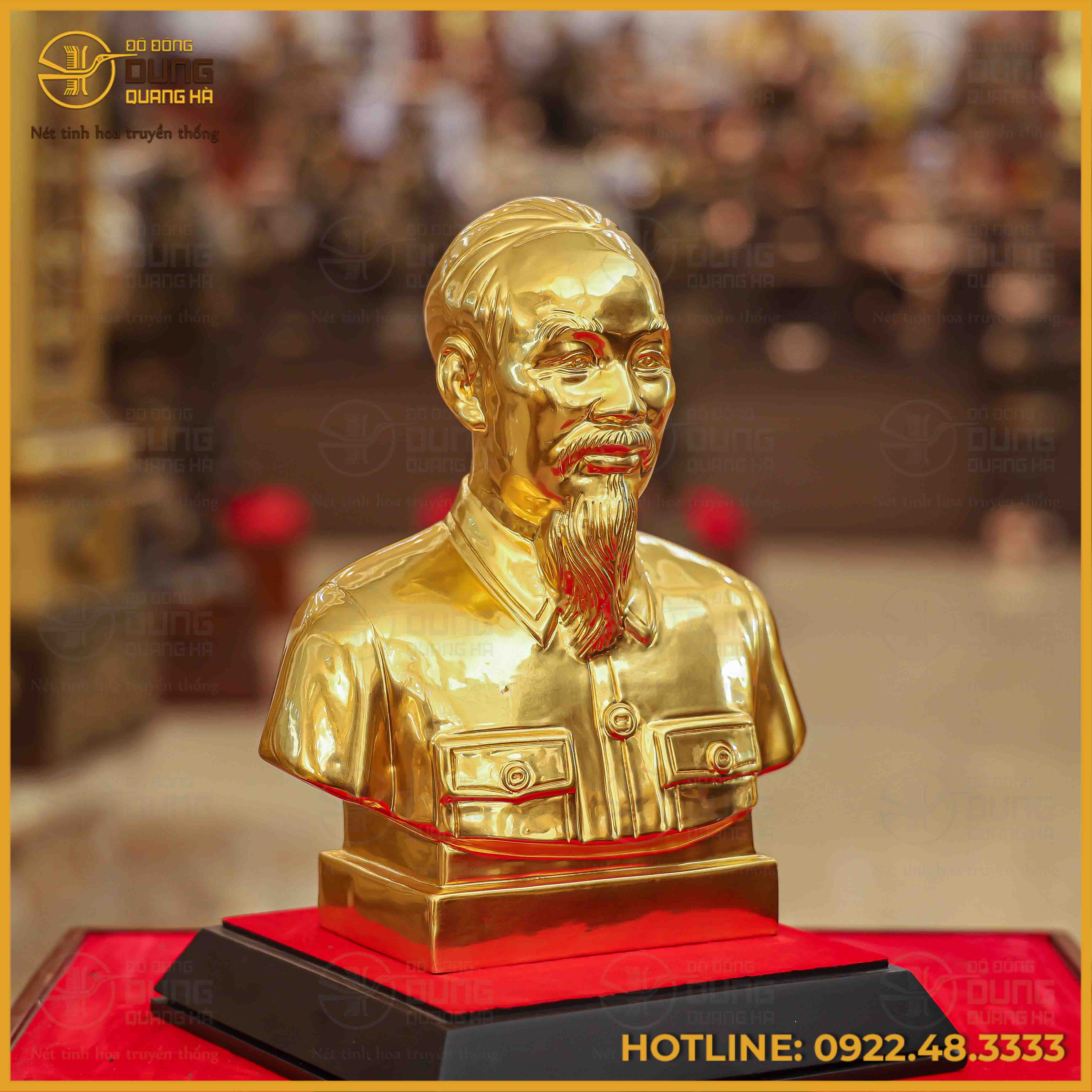 Tượng bán thân Bác Hồ đồng đỏ dát vàng cao 25cm