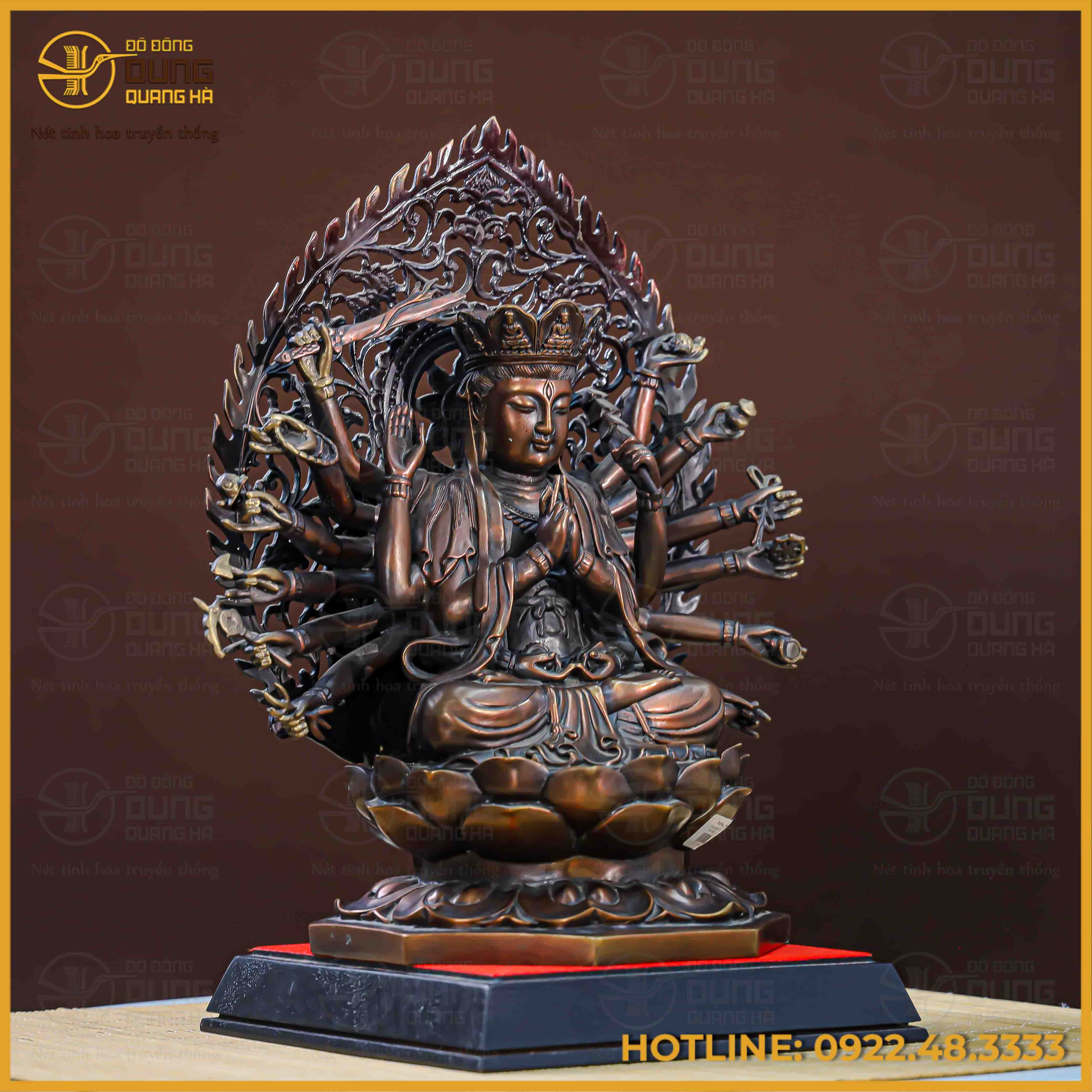 Tượng Phật Chuẩn Đề đồng vàng hun cao 40cm ngang 35cm sâu 20cm