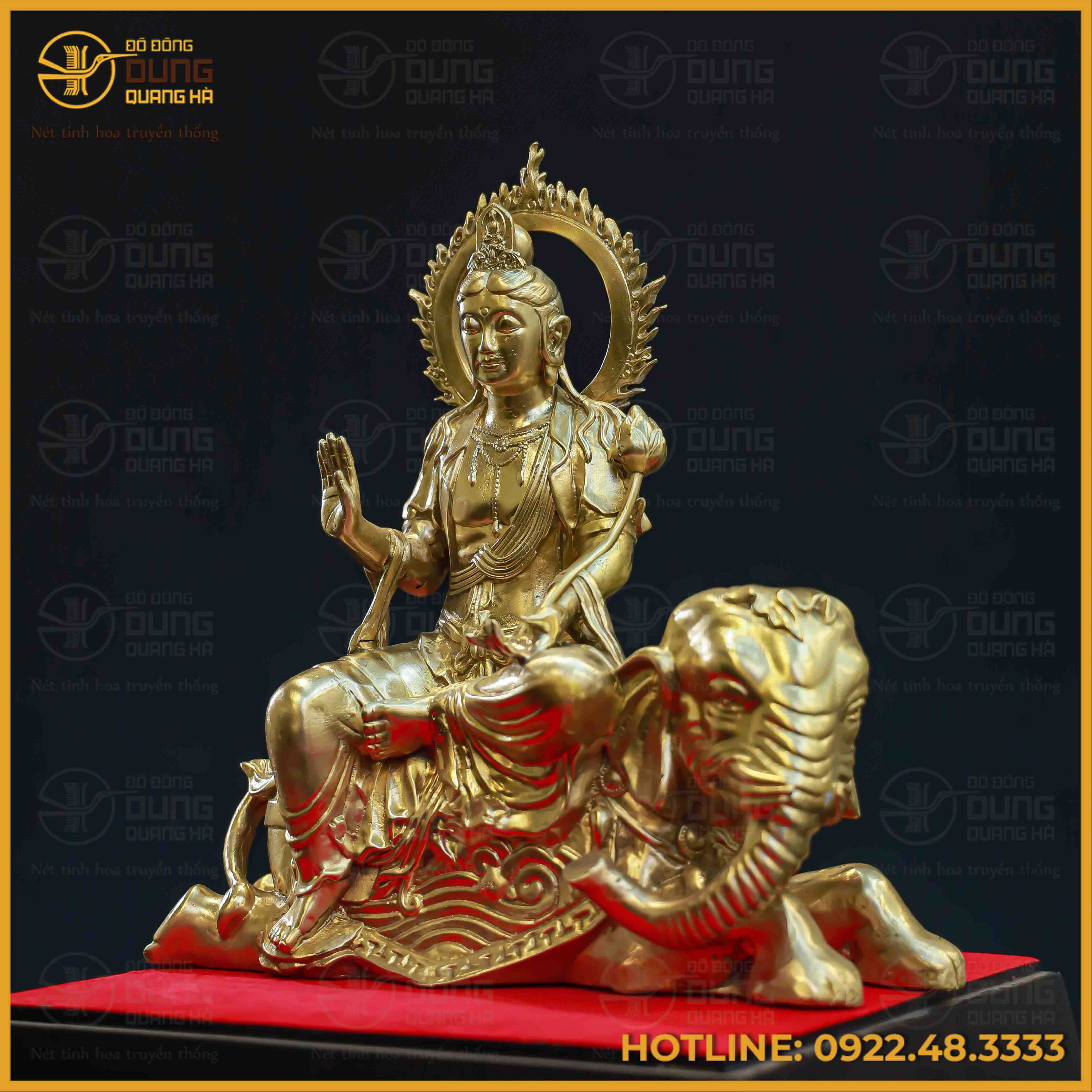 Tượng bồ Tát Phổ Hiền đồng vàng mộc kích thước 30x30x15cm nặng 5kg