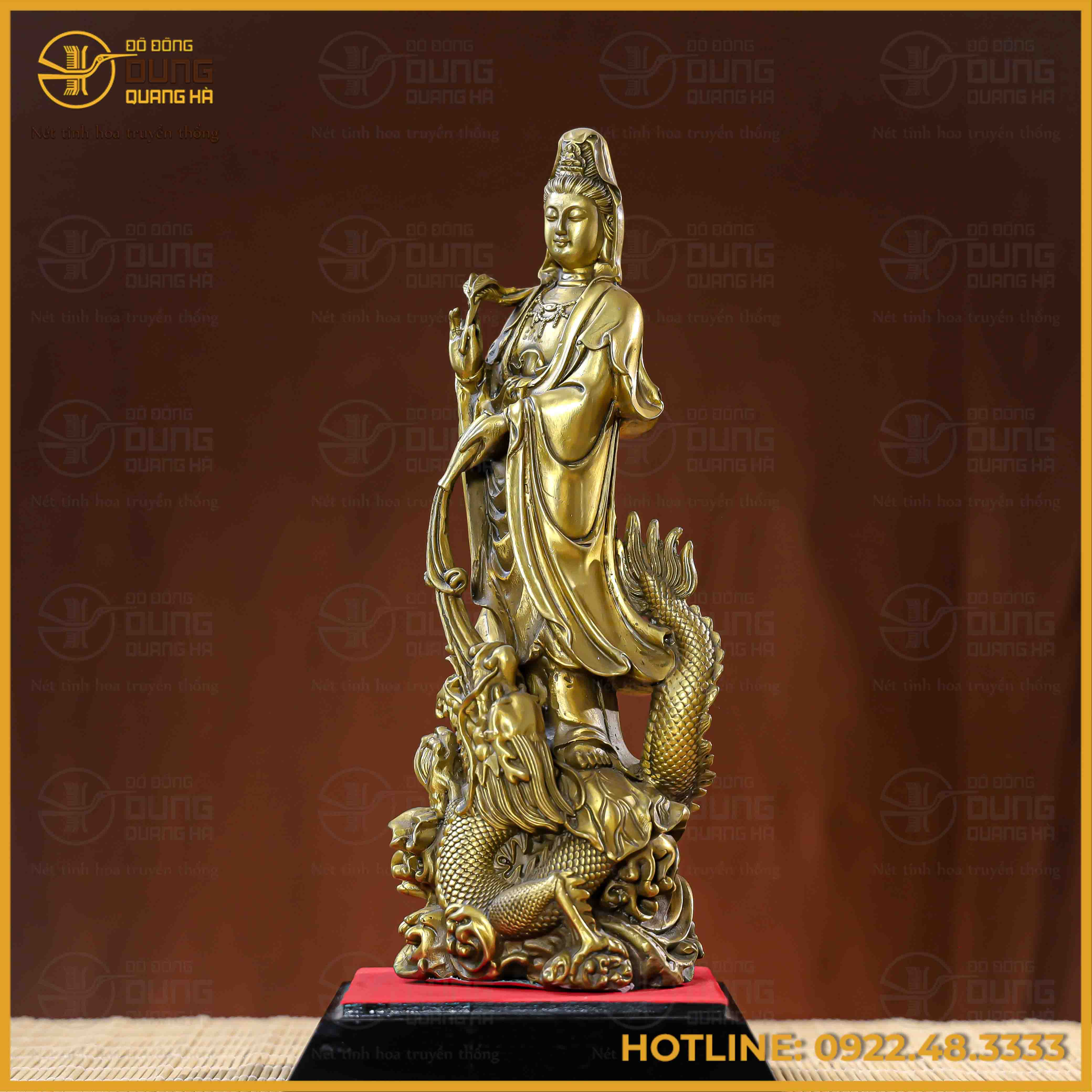 Tượng Phật Quán Thế Âm cưỡi rồng đồng vàng cao 30cm ngang 11cm nặng 1,8kg